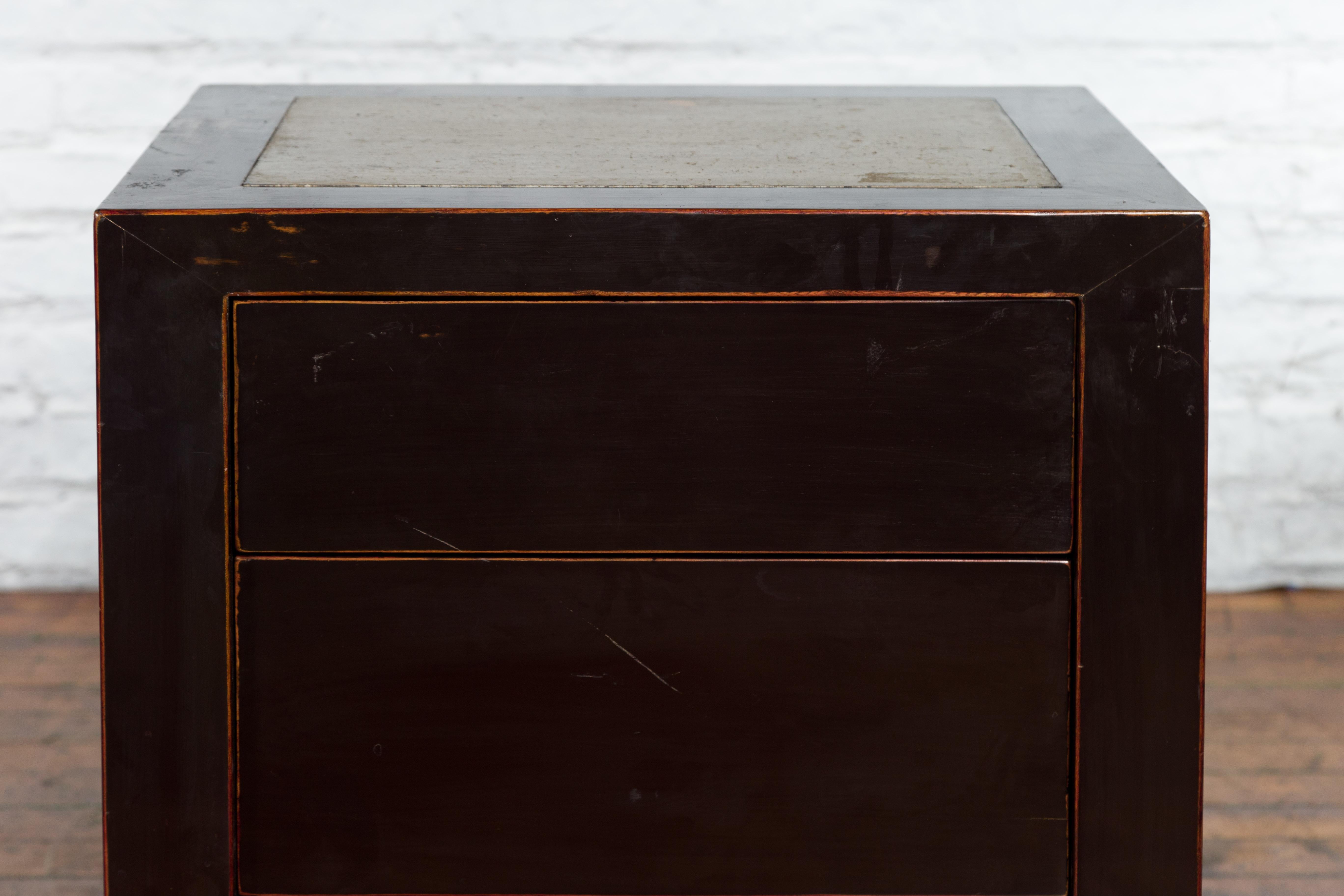 20th Century Pair of Antique Chinese Black Lacquer Bedside Cabinets with Ming Dynasty Tops For Sale