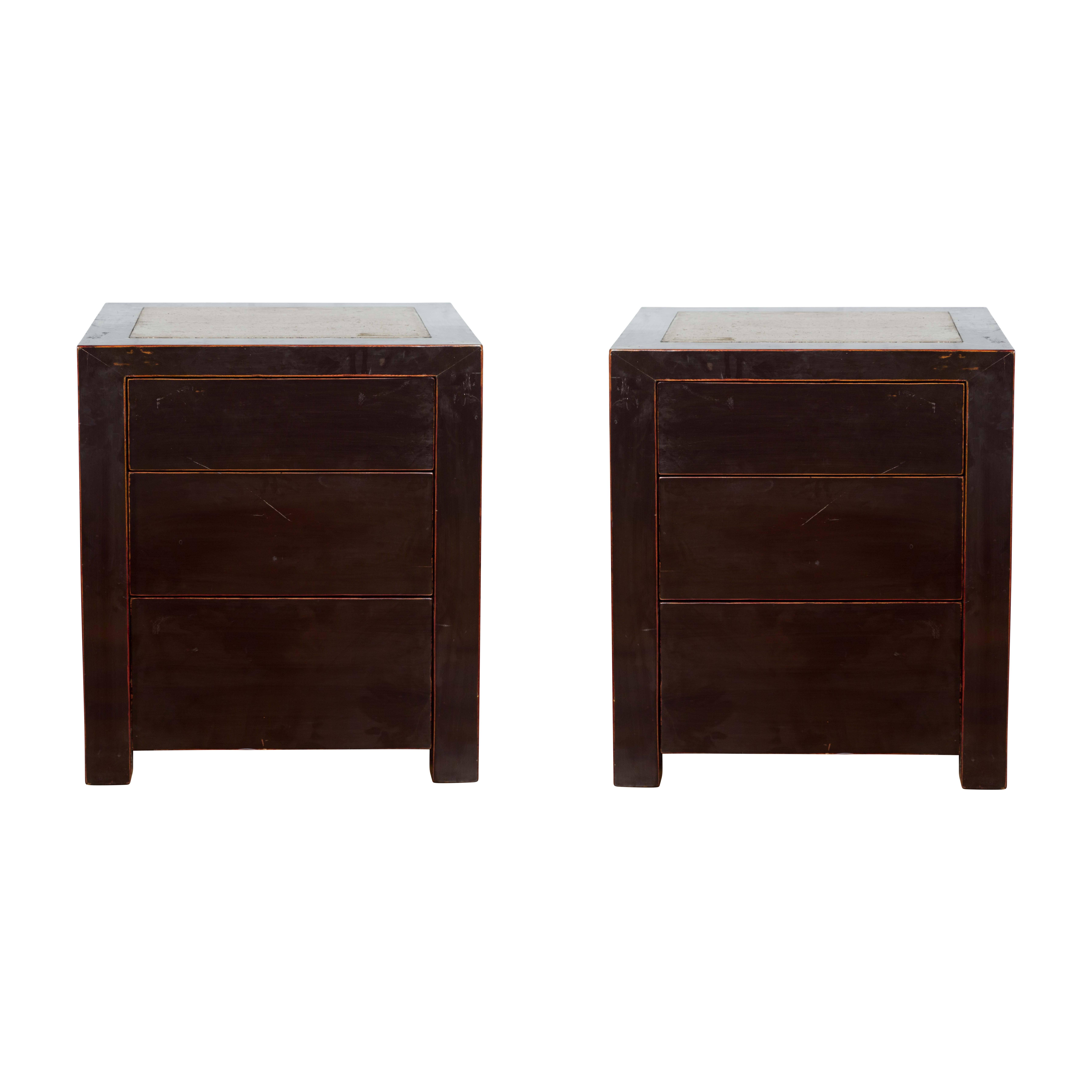 Pair of Antique Chinese Black Lacquer Bedside Cabinets with Ming Dynasty Tops For Sale