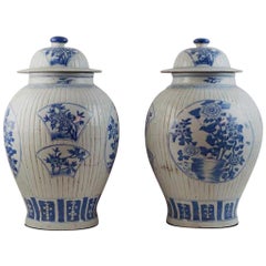 Paire d'anciens pots à gingembre chinois bleu et blanc