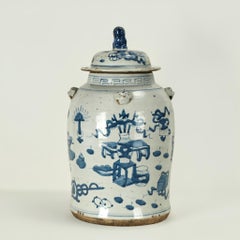 Pair of Antique Chinese Blue and White Porcelain Lidded Jars or Urns