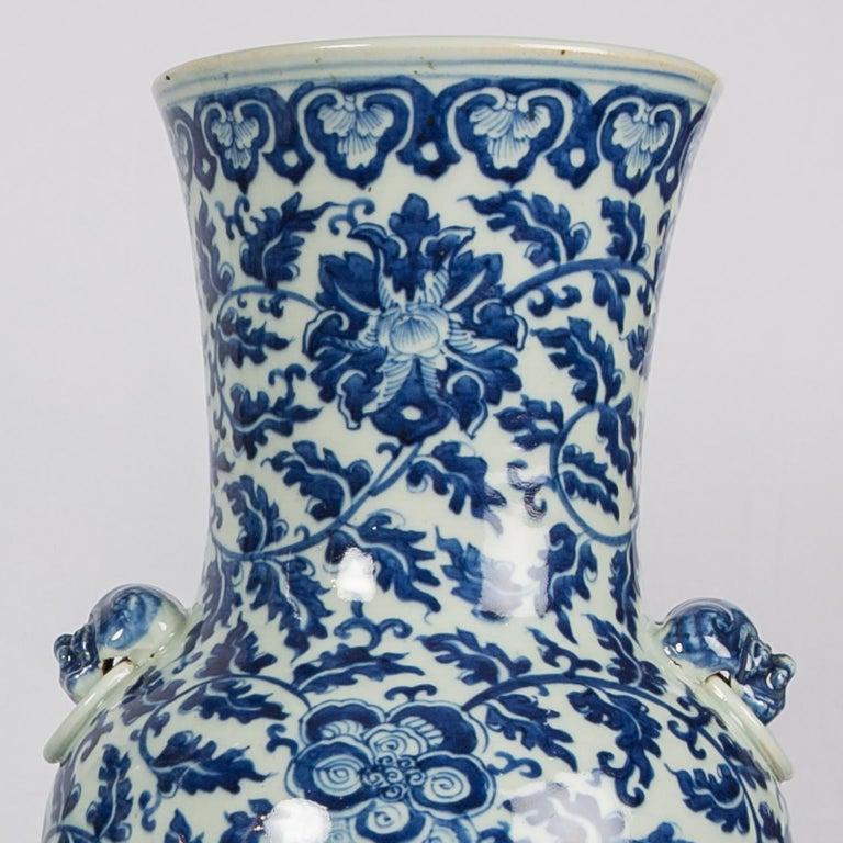 Hand-Painted Pair of Antique Chinese Blue and White Porcelain Vases