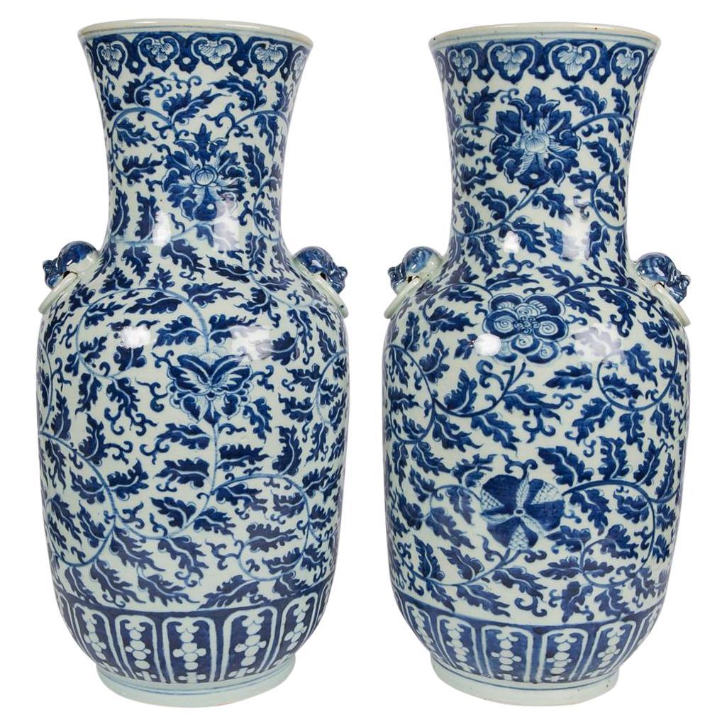 Pair of Antique Chinese Blue and White Porcelain Vases