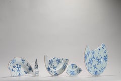 Paar antike chinesische blau-weiße Porzellanteller mit Blumenszene aus dem 18. Jahrhundert.