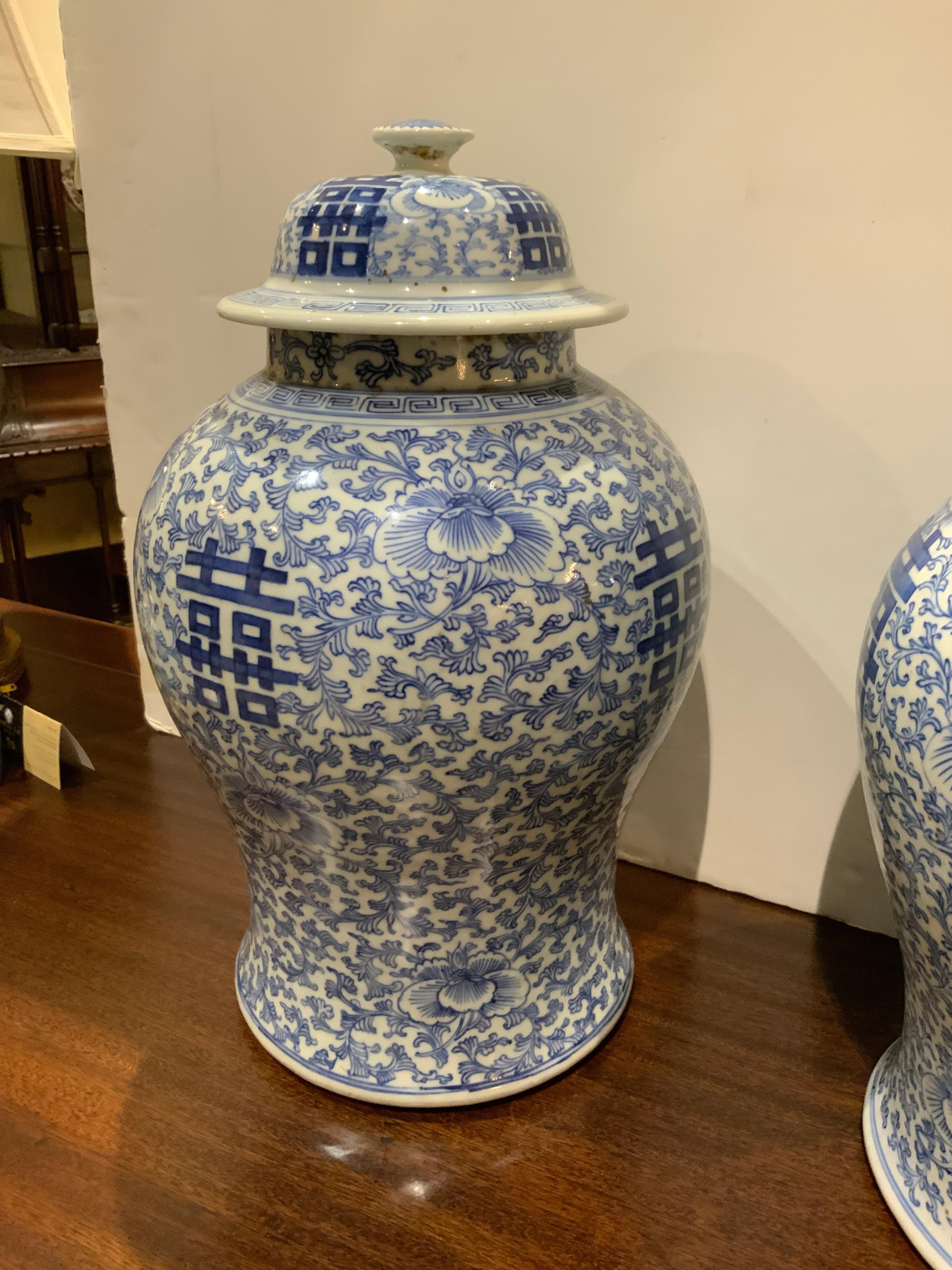 Chinese Export Pair of Antique Chinese Blue/White Temple Jars from Ching Wang Shu XIX Dynasty  For Sale