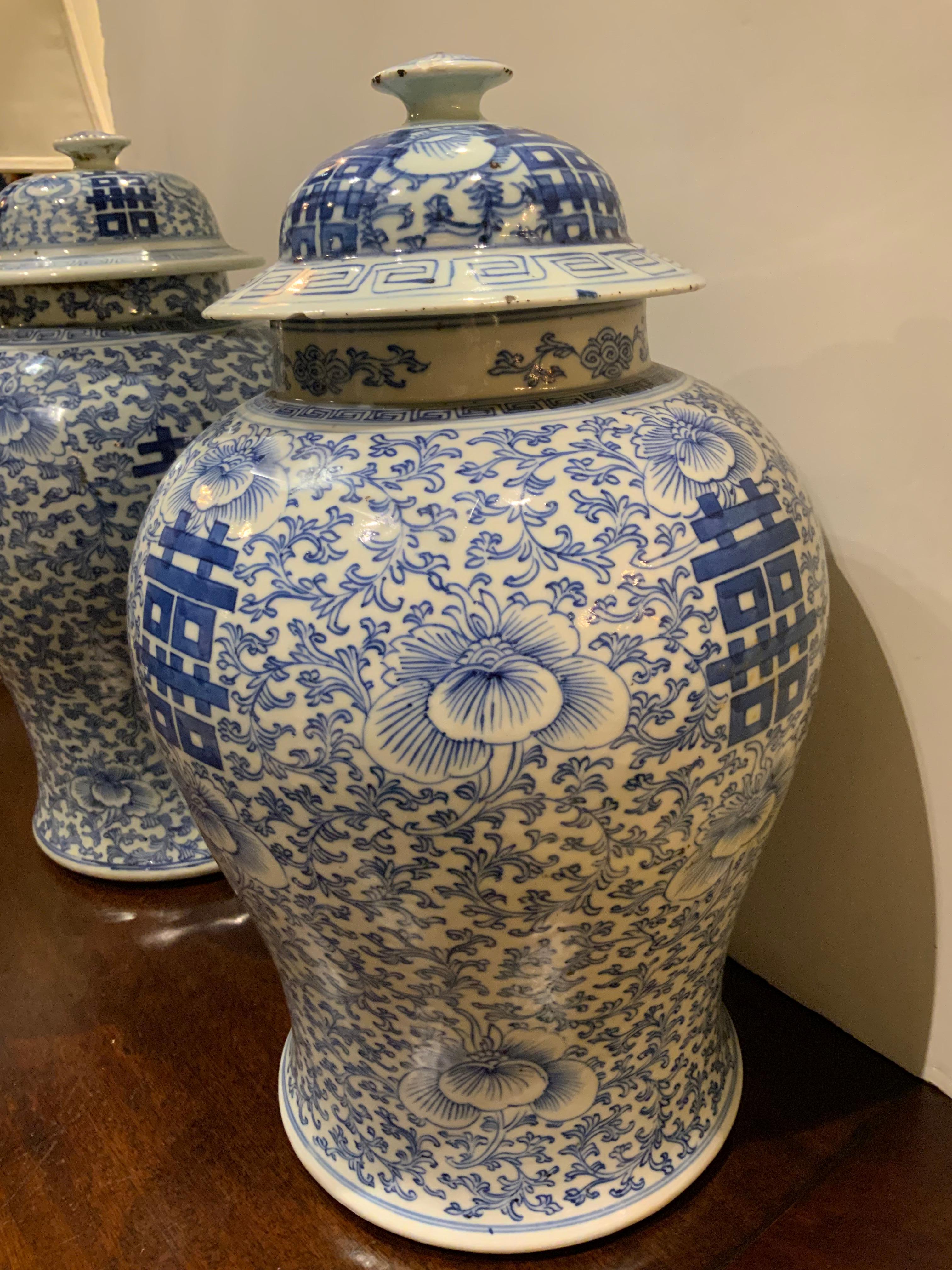 Hand-Painted Pair of Antique Chinese Blue/White Temple Jars from Ching Wang Shu XIX Dynasty  For Sale