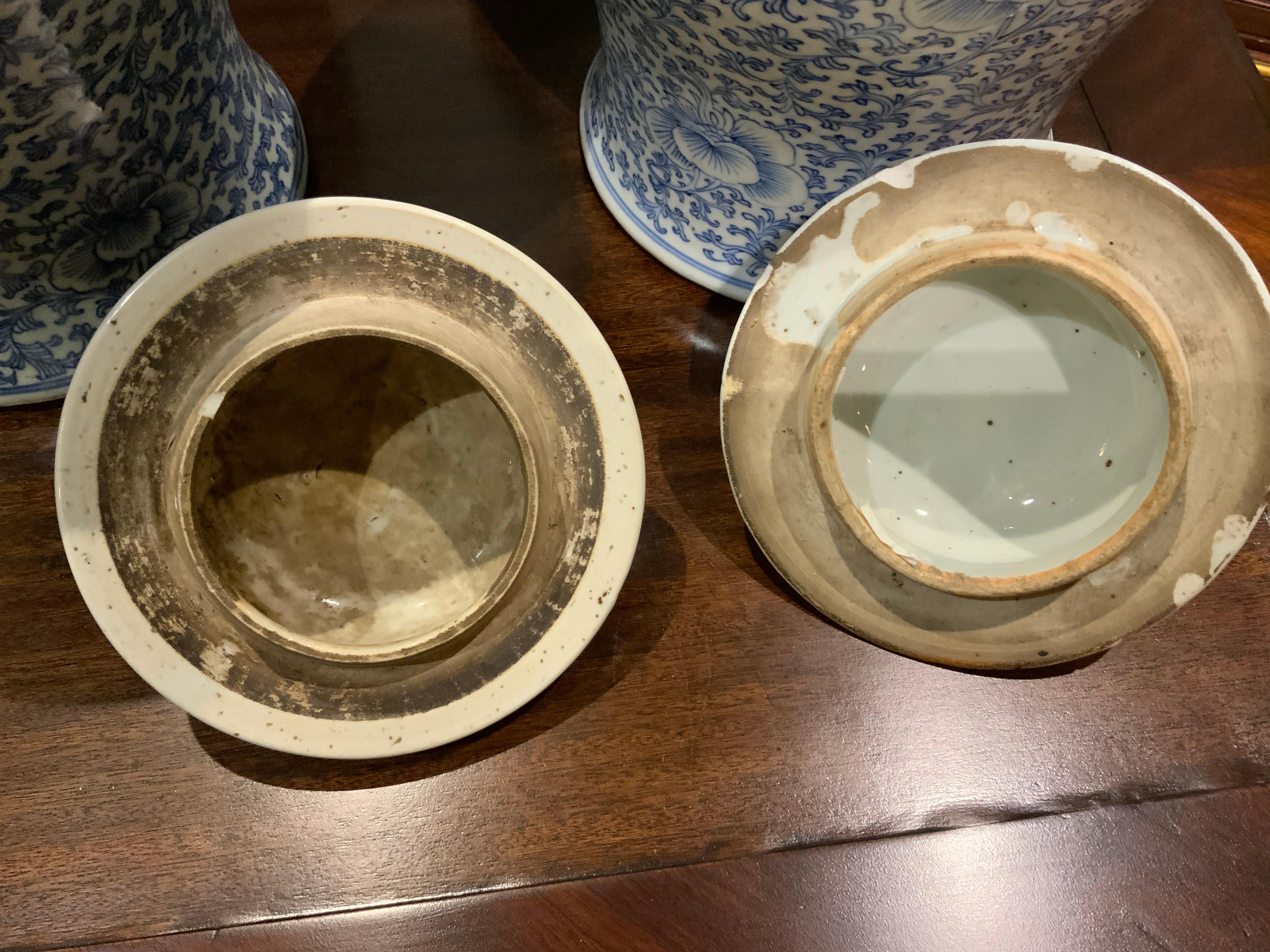 19th Century Pair of Antique Chinese Blue/White Temple Jars from Ching Wang Shu XIX Dynasty  For Sale