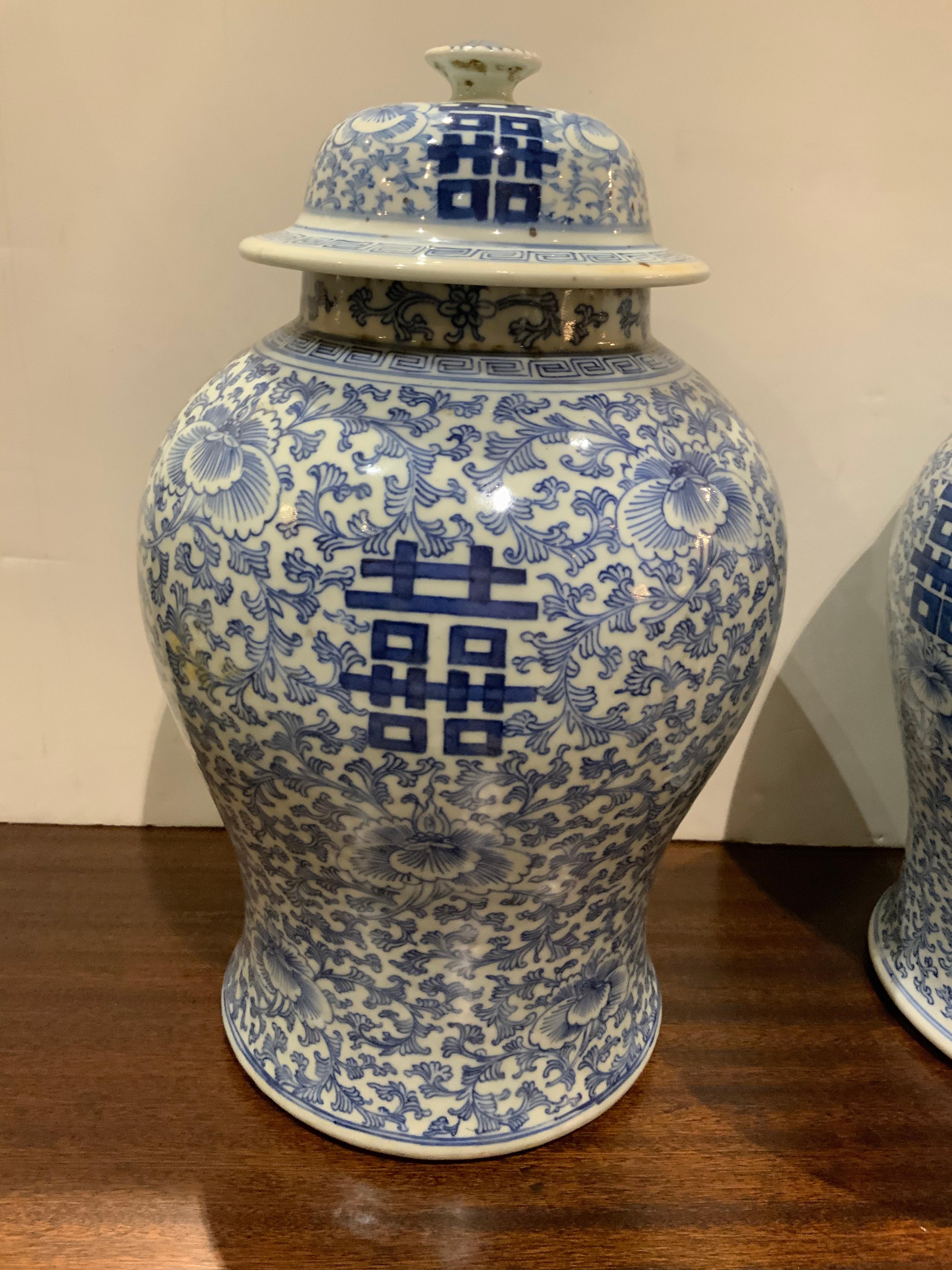 Pair of Antique Chinese Blue/White Temple Jars from Ching Wang Shu XIX Dynasty  For Sale 2
