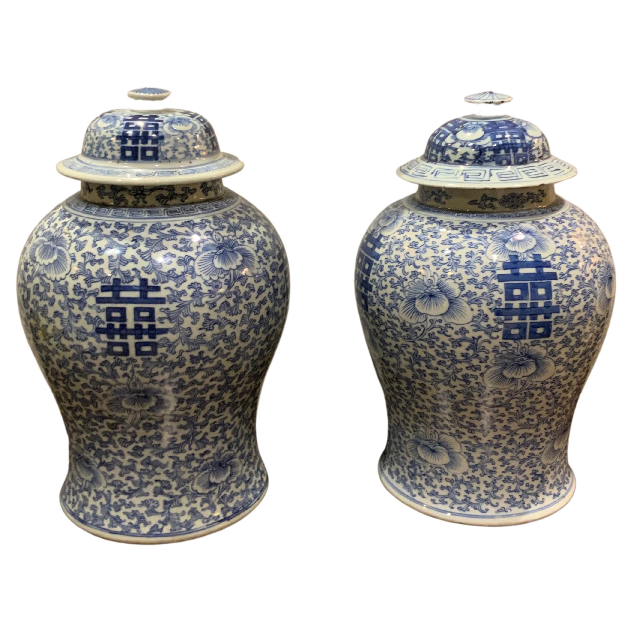 Pair of Antique Chinese Blue/White Temple Jars from Ching Wang Shu XIX Dynasty  For Sale
