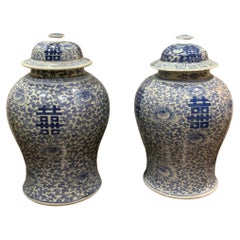 Pair of Antique Chinese Blue/White Temple Jars from Ching Wang Shu XIX Dynasty 