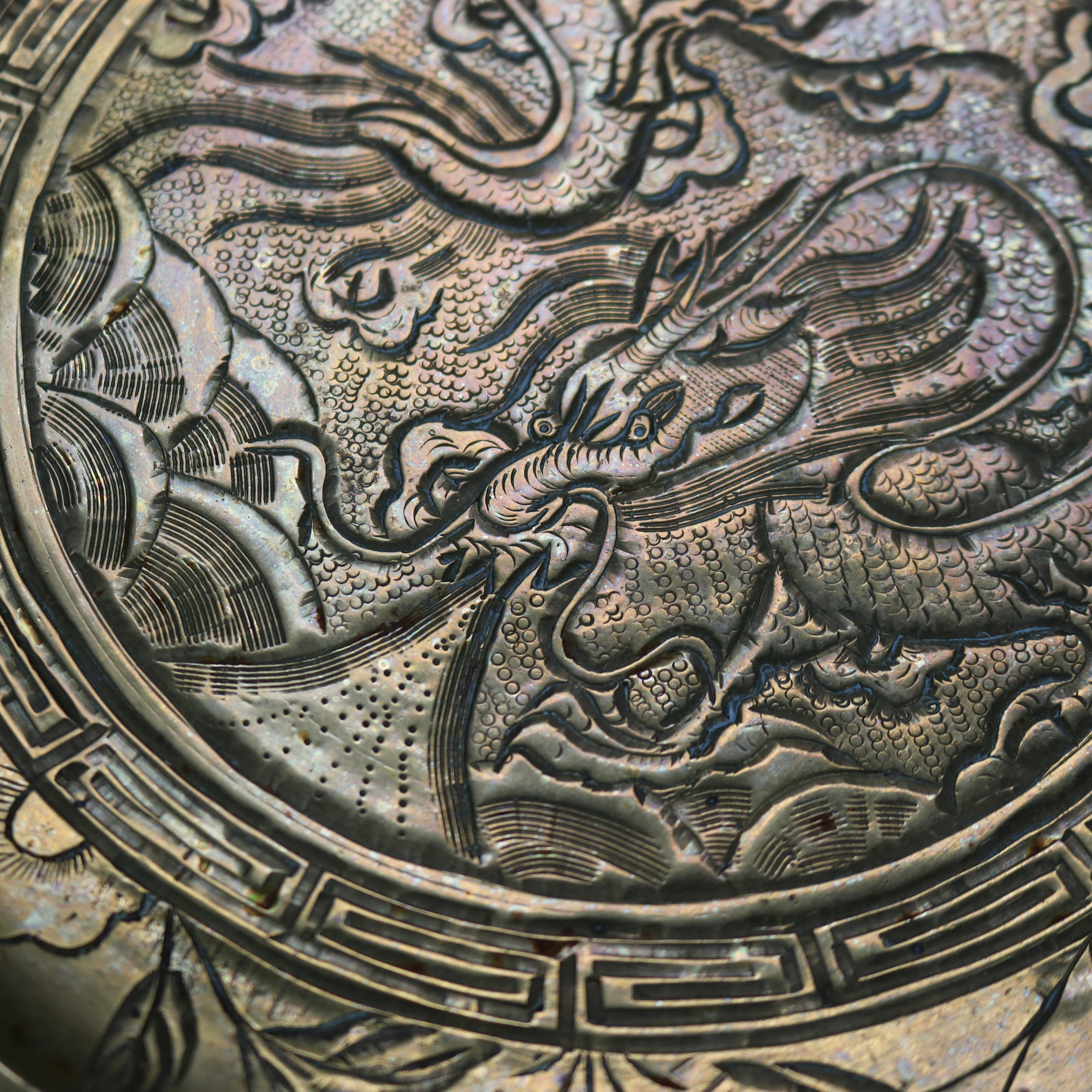 Pair of Antique Chinese Bronze Chargers with Dragons, Mountains & Clouds C1930

Measure - 14