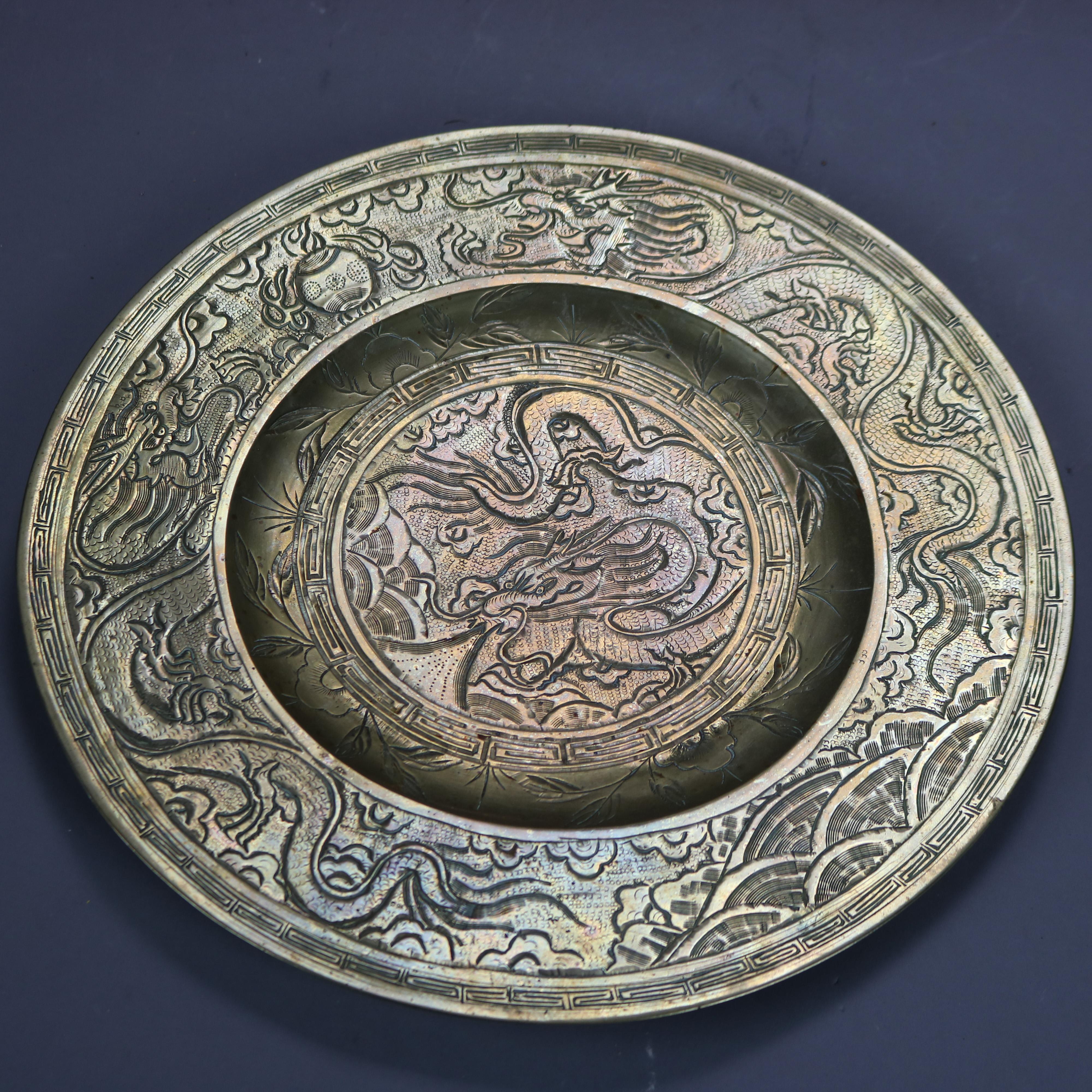 Asian Pair of Antique Chinese Bronze Chargers with Dragons, Mountains & Clouds C1930