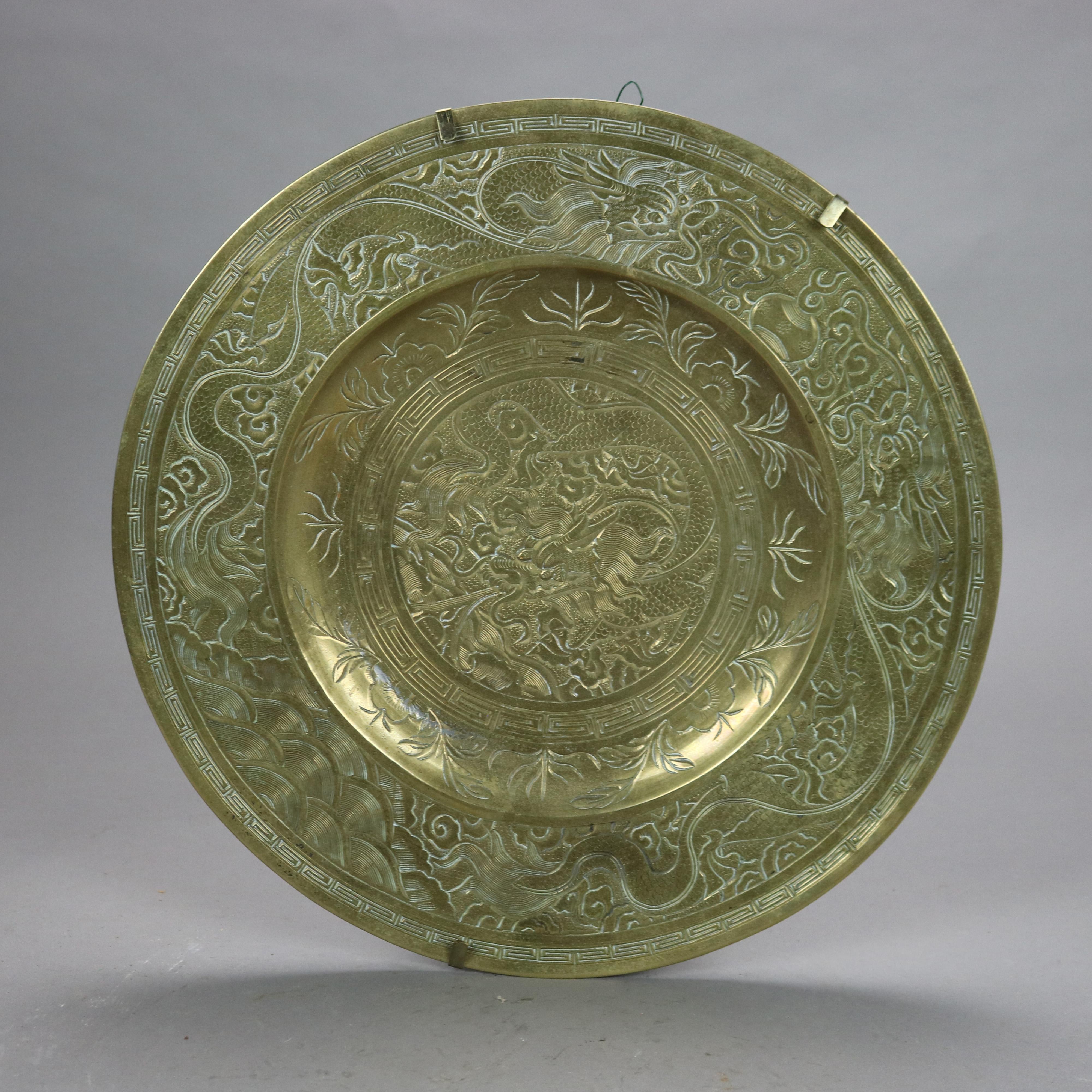 Cast Pair of Antique Chinese Bronze Chargers with Dragons, Mountains & Clouds C1930