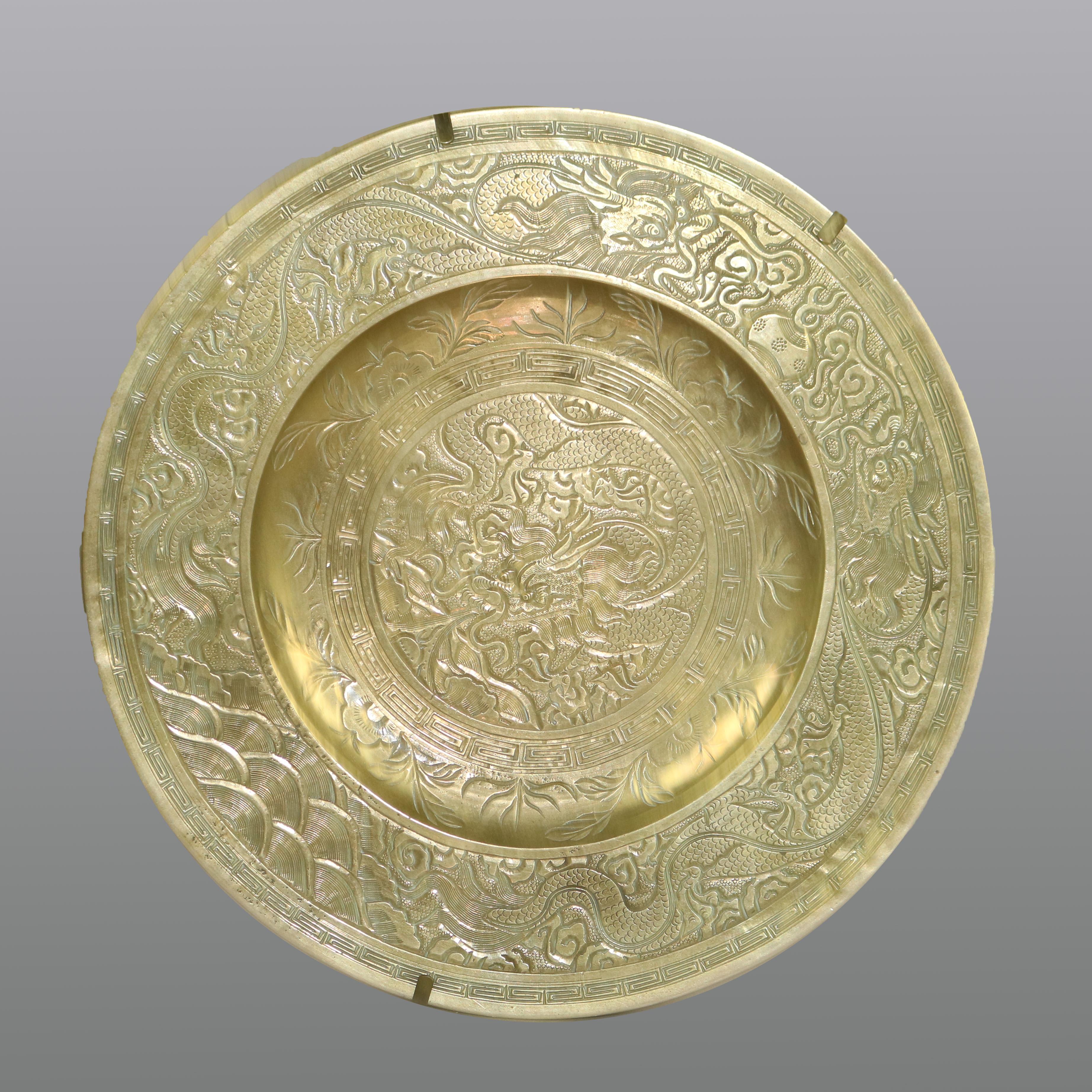 Pair of Antique Chinese Bronze Chargers with Dragons, Mountains & Clouds C1930 In Good Condition In Big Flats, NY