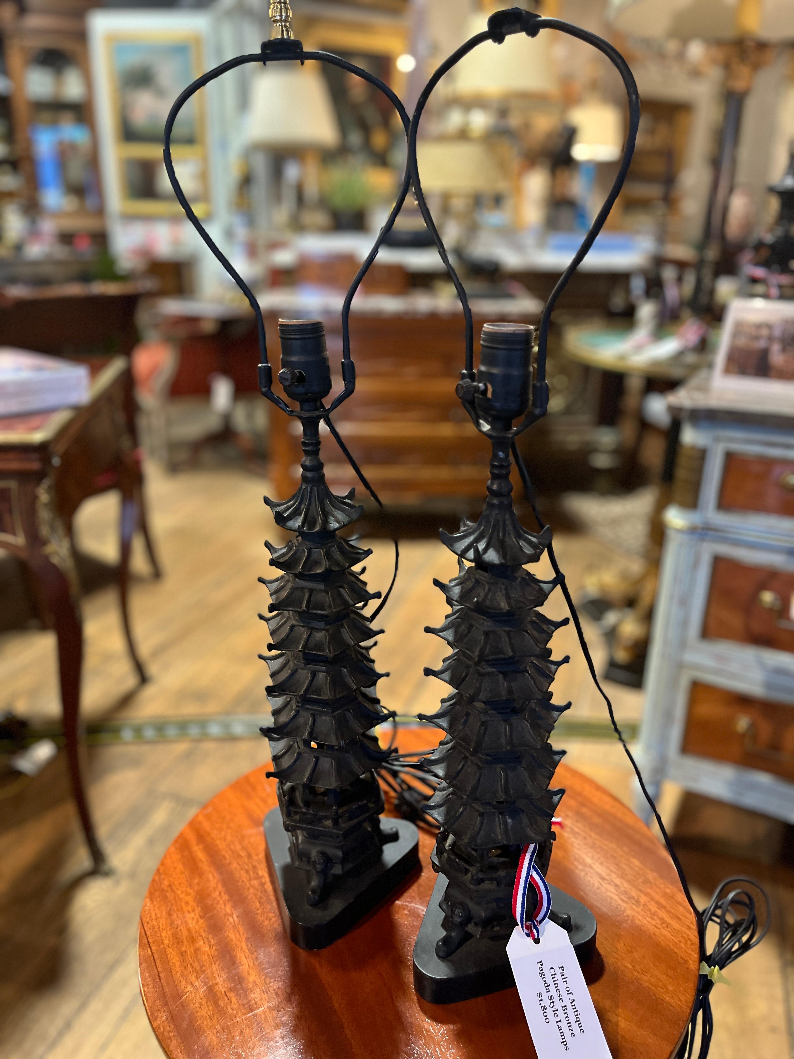Unique lamps purchased in France. 19th Century. Chinese Bronze Pagoda mounted as Lamps. See detailed photos. 