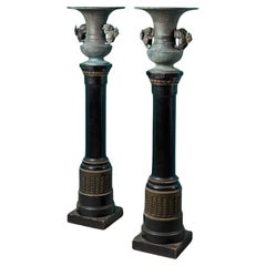 Pair of Antique Chinese Bronze Urns on Columns