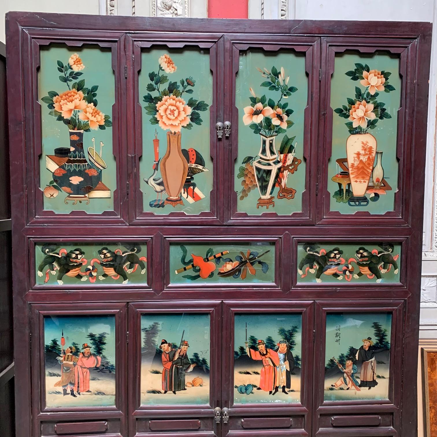 Pair of Antique Chinese Cabinets with Reverse Painted Glass Panels For Sale 3