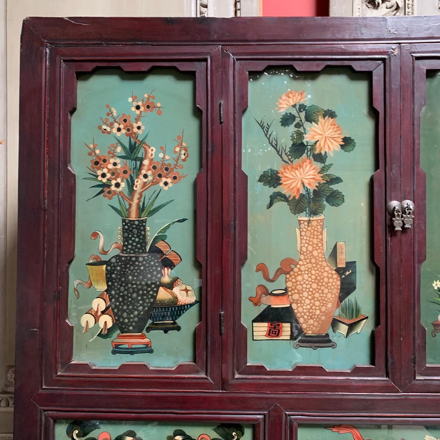Pair of Antique Chinese Cabinets with Reverse Painted Glass Panels For Sale 4