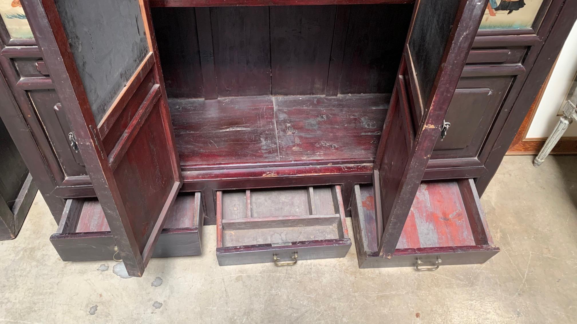 Pair of Antique Chinese Cabinets with Reverse Painted Glass Panels For Sale 11