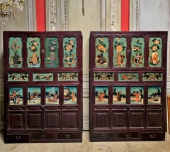 Pair of Antique Chinese Cabinets with Reverse Painted Glass Panels
