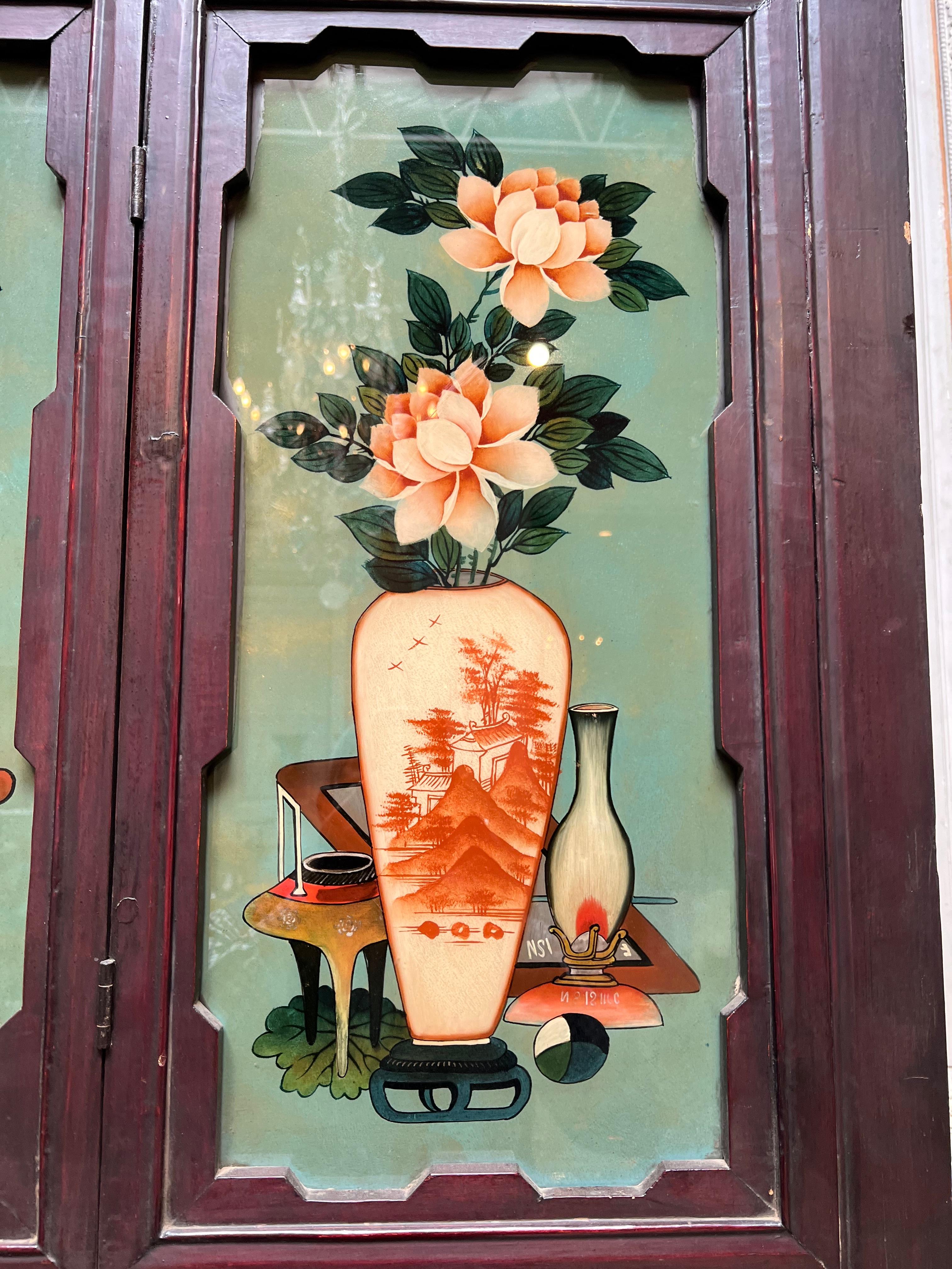 Pair of Antique Chinese Cabinets with Reverse Painted Glass Panels For Sale 13