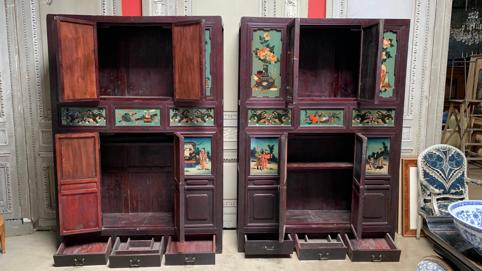 Pair of Antique Chinese Cabinets with Reverse Painted Glass Panels In Good Condition For Sale In Dallas, TX