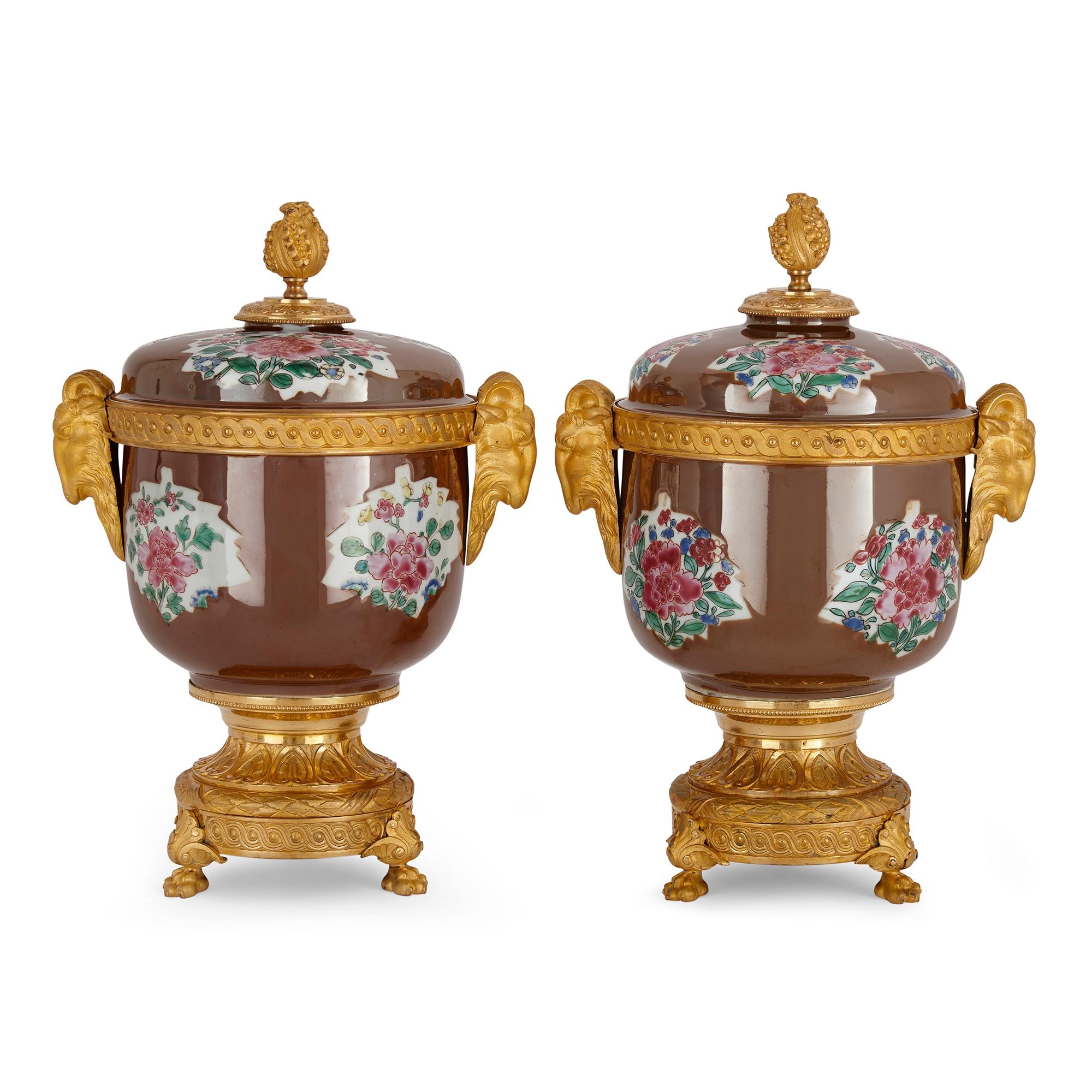 Pair of antique Chinese café au leit porcelain and ormolu vases 
Porcelain: Chinese, 18th Century 
Ormolu: French, Late 19th Century 
Height 33cm, width 23cm, depth 18cm

The porcelain vases were hand made in 18th century China, while the ormolu