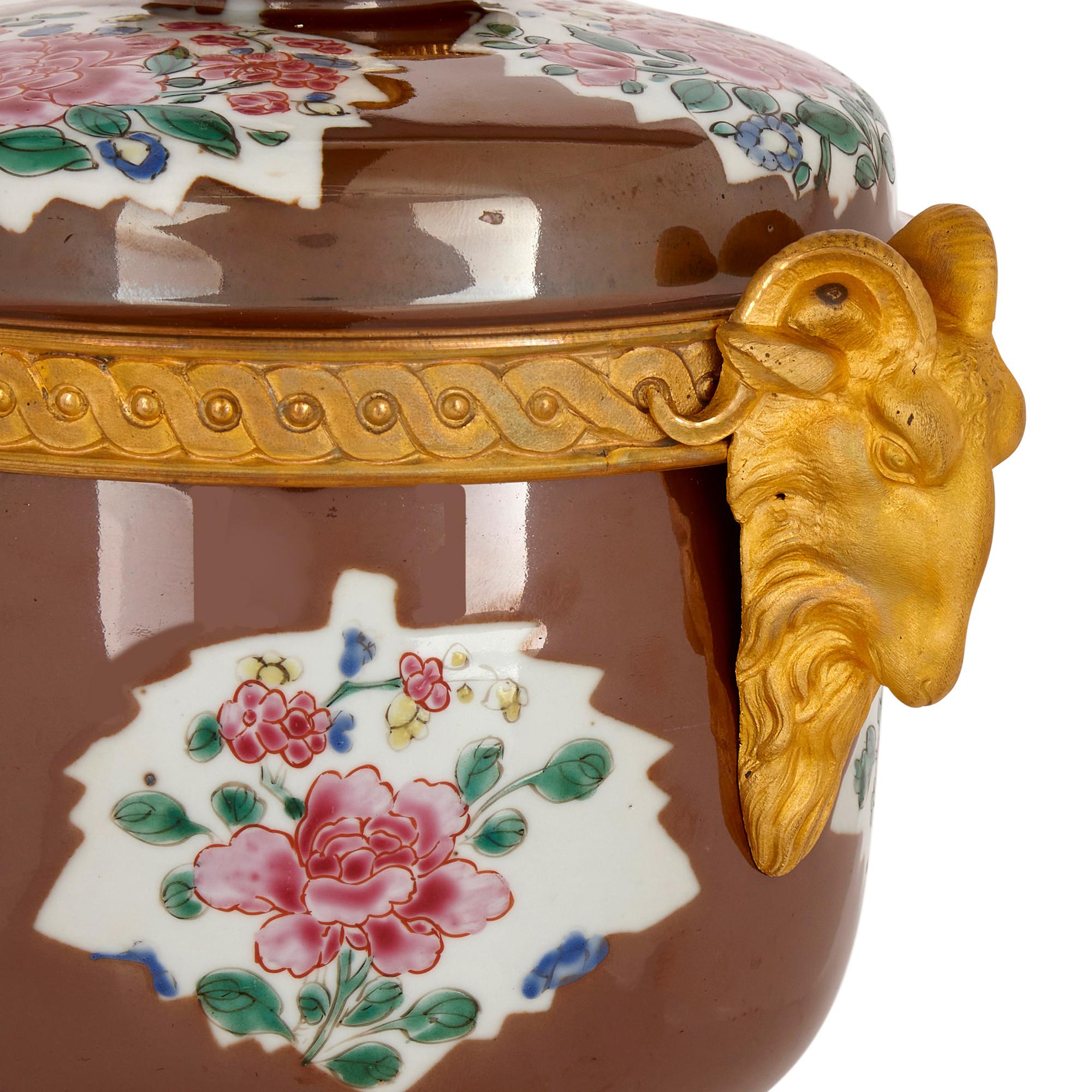 Cast Pair of Antique Chinese Café Au Lait Porcelain and Ormolu Vases  For Sale