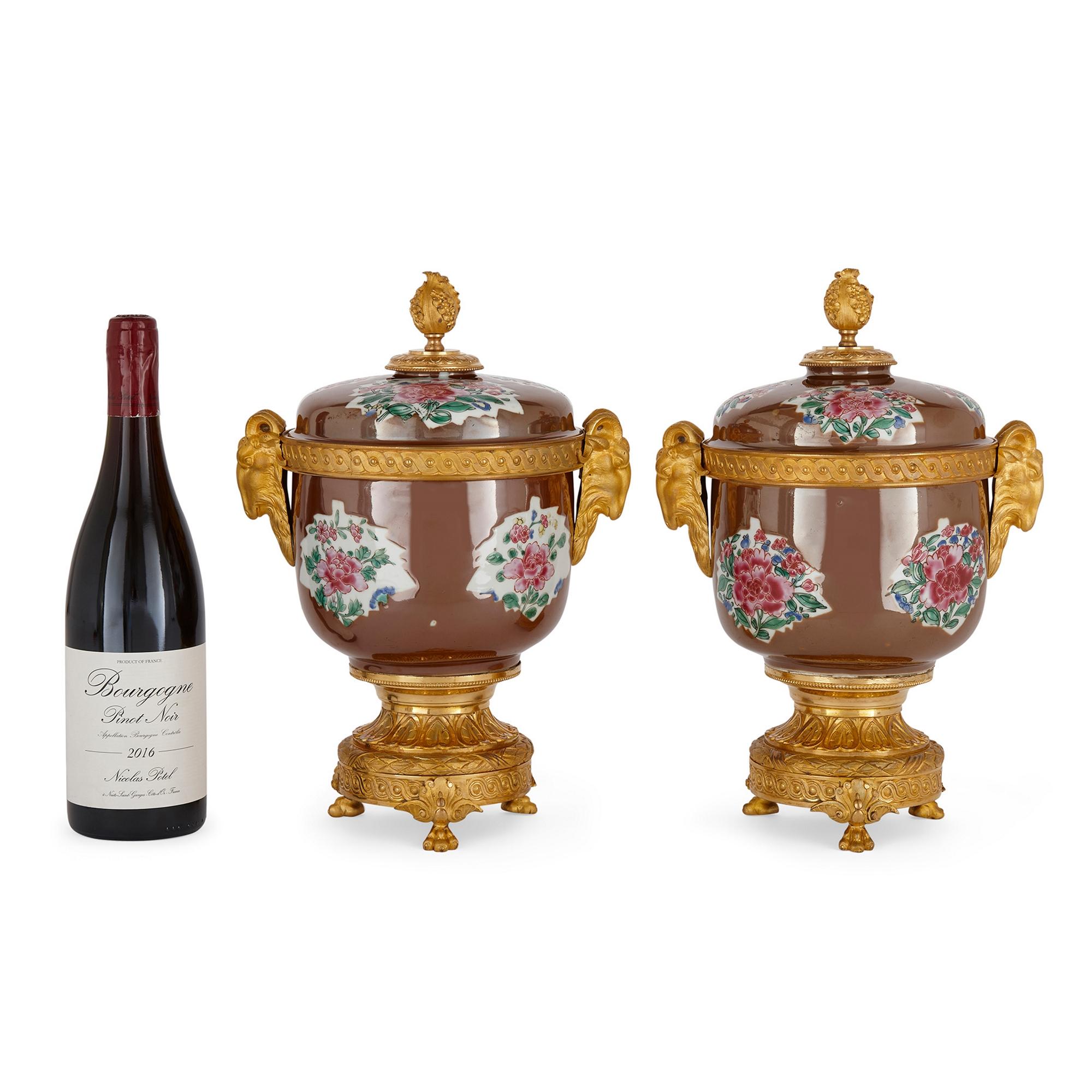 18th Century and Earlier Pair of Antique Chinese Café Au Lait Porcelain and Ormolu Vases  For Sale
