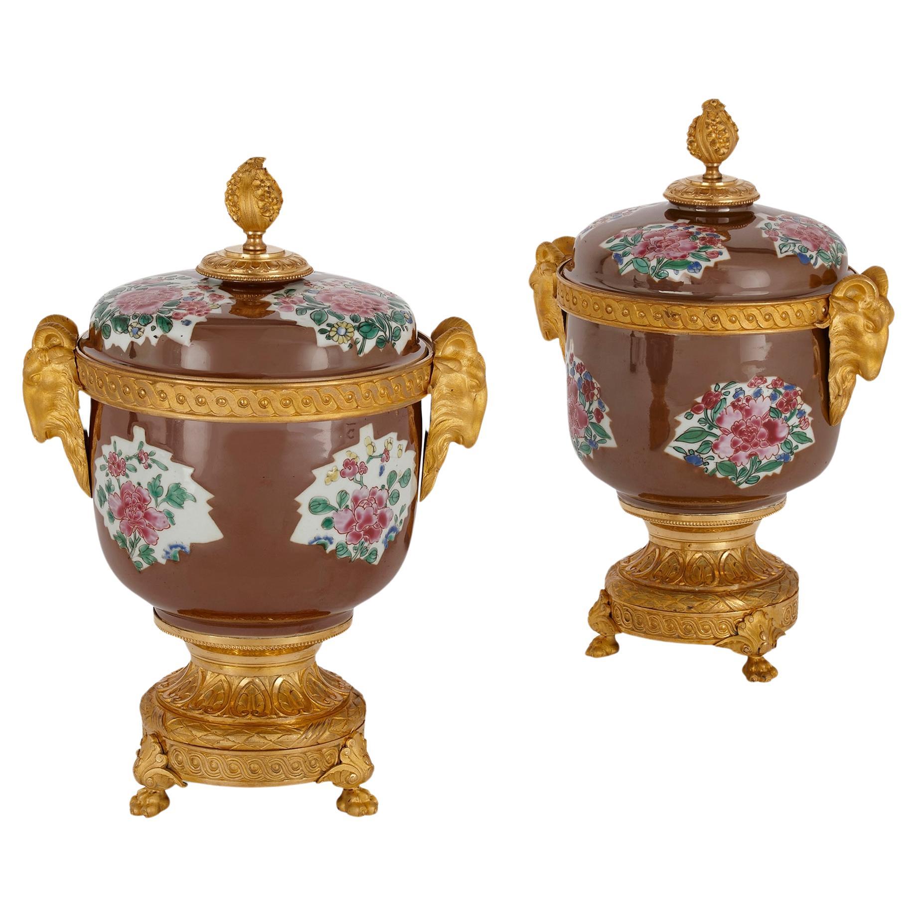 Pair of Antique Chinese Café Au Lait Porcelain and Ormolu Vases 