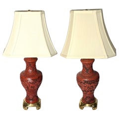 Pair of Antique Chinese Carved Cinnabar Lamps, Circa 1880-1910