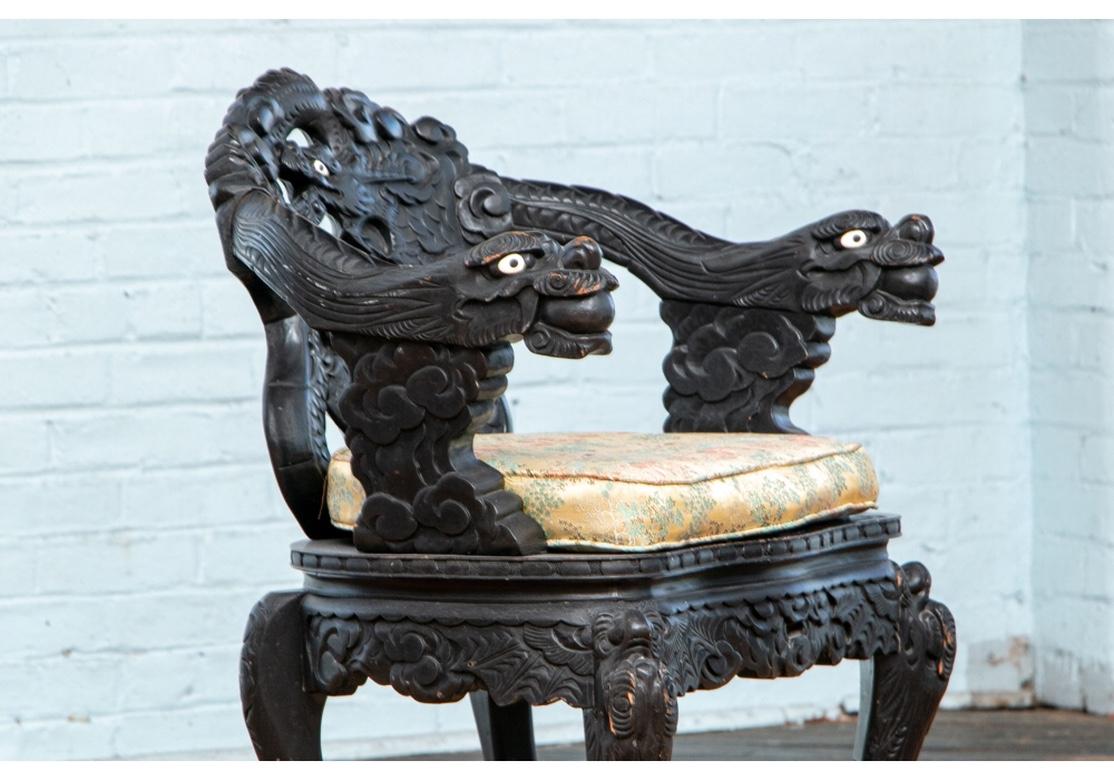 Chinese Export Pair of Antique Chinese Carved Dragon Throne Chairs