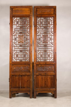 Pair of Antique Chinese Carved Elm Lattice Screens with Figural Motifs