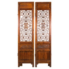 Pair of Antique Chinese Carved Elm Lattice Screens with Figural Motifs