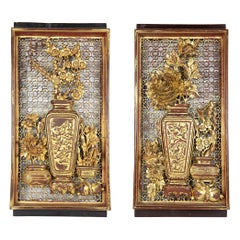 Pair of Antique Chinese Carved Gilded Wood Wall Plaques