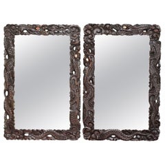 PAIR OF ANTiQUE CHINESE CARVED HARDWOOD DRAGON MIRRORS WITH CORAL INLAY