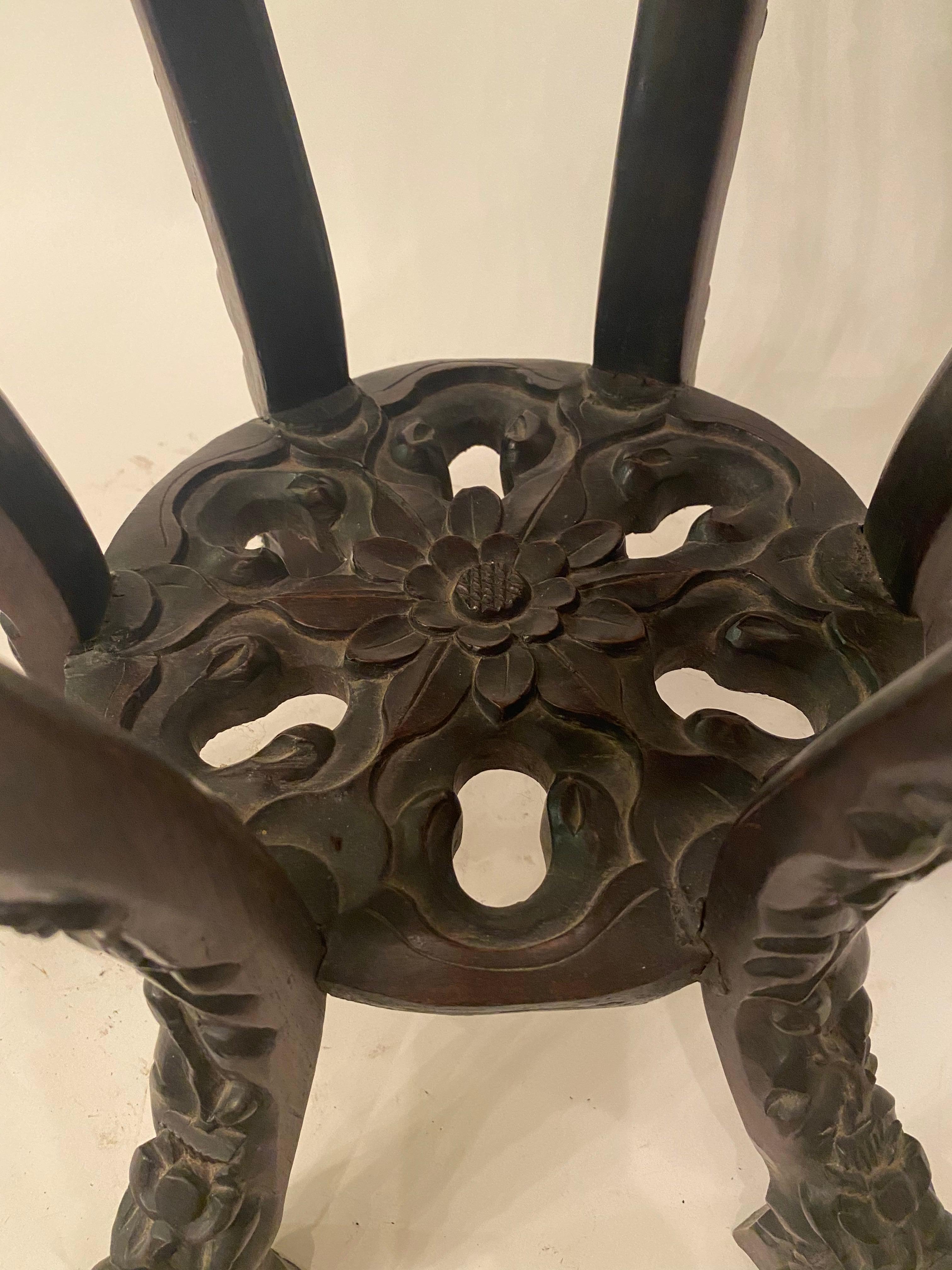 Pair of Antique Chinese Carved Rosewood Flower Stands Marble-Top Insert For Sale 7