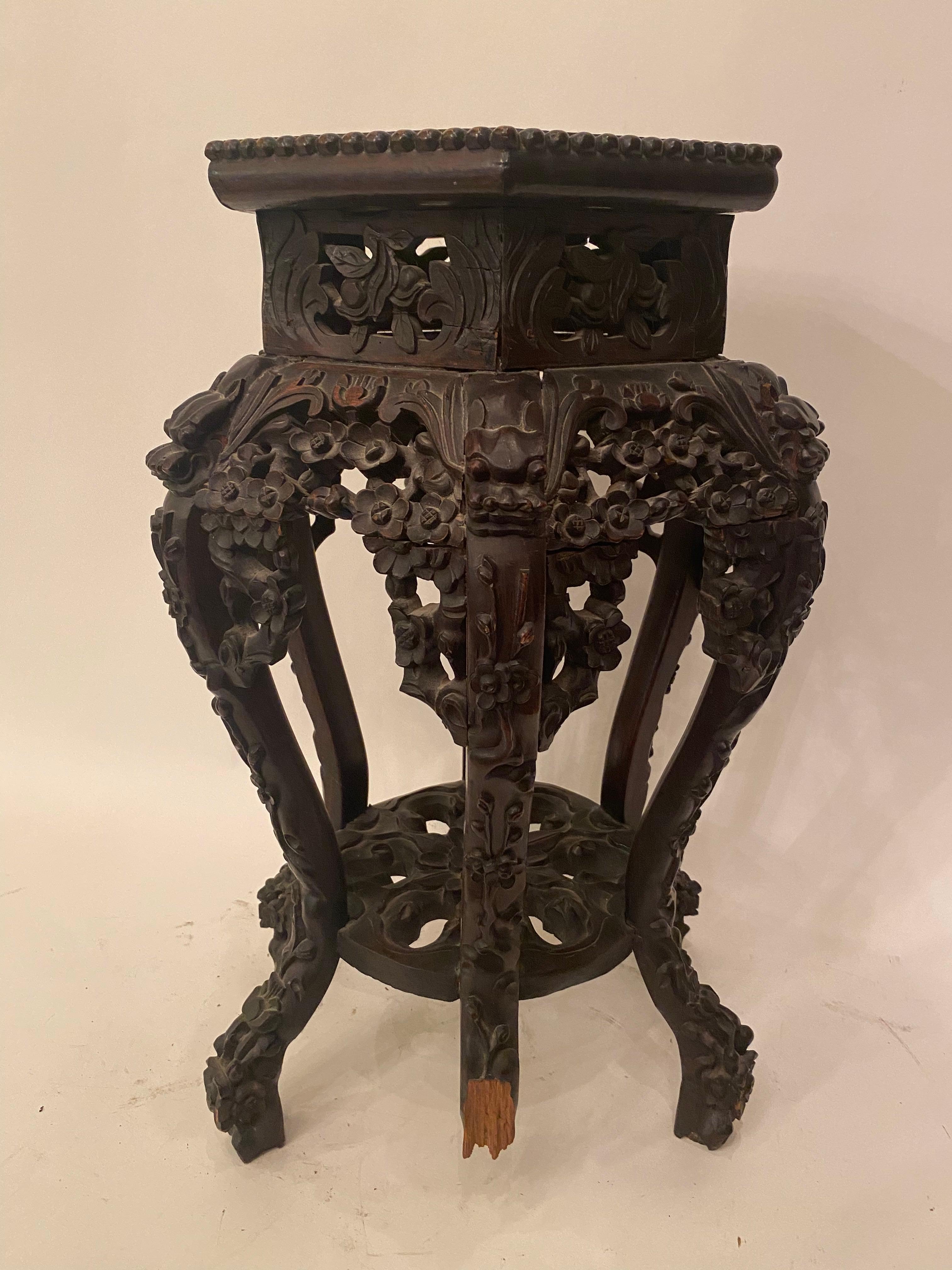 Pair of Antique Chinese Carved Rosewood Flower Stands Marble-Top Insert For Sale 8