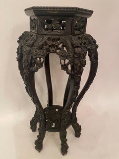 Pair of Antique Chinese Carved Rosewood Flower Stands Marble-Top Insert