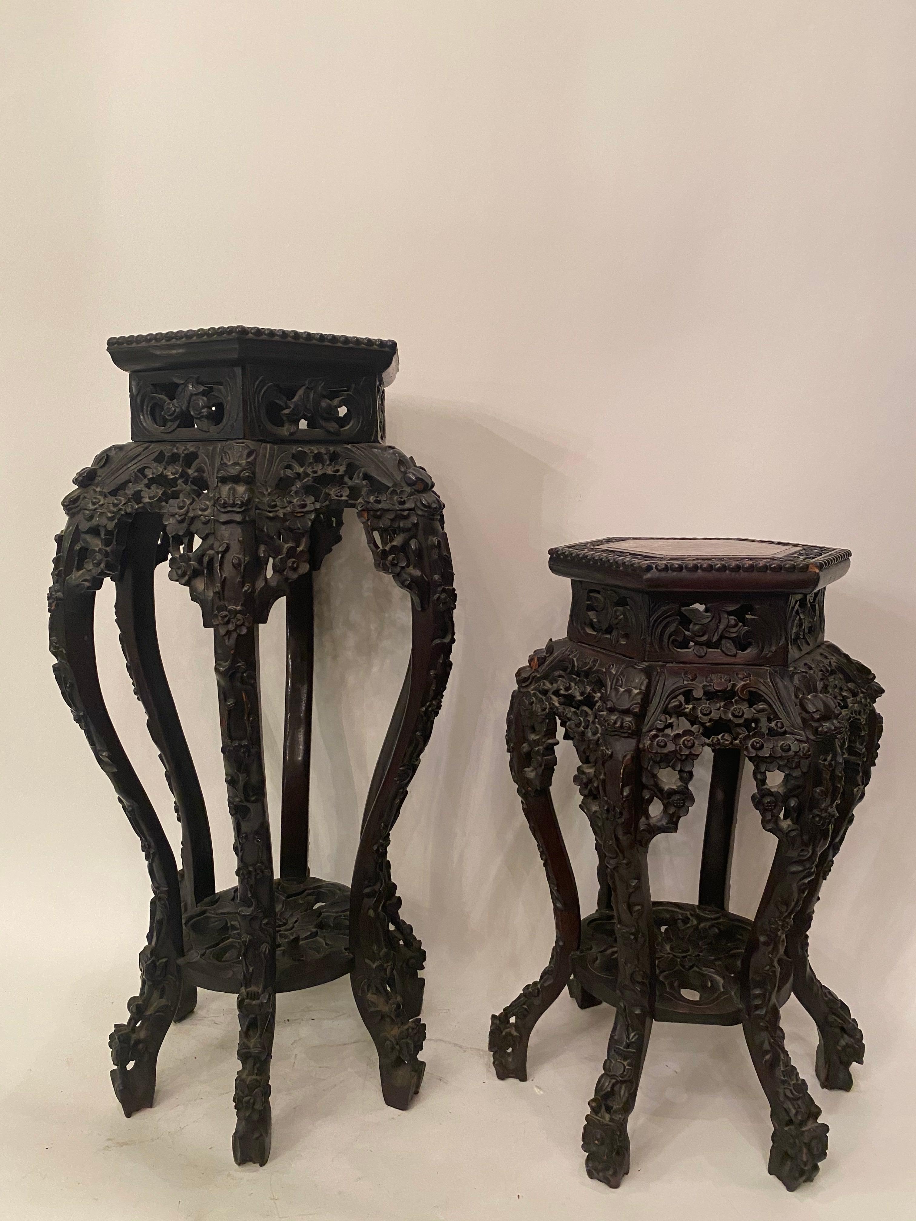 Pair of Antique Chinese Carved Rosewood Flower Stands Marble-Top Insert For Sale 11