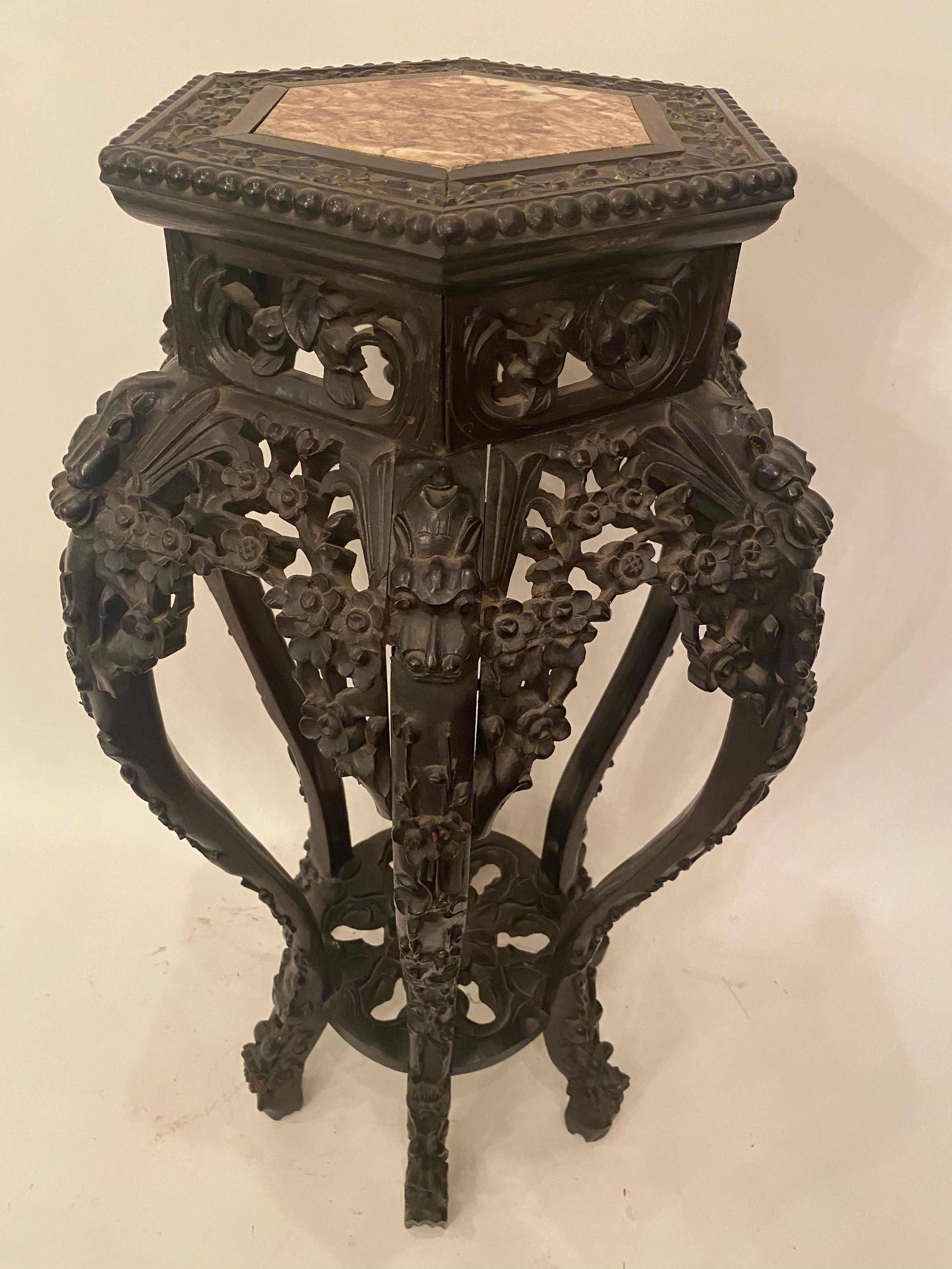 Pair of Antique Chinese Carved Rosewood Flower Stands Marble-Top Insert In Good Condition For Sale In Brea, CA