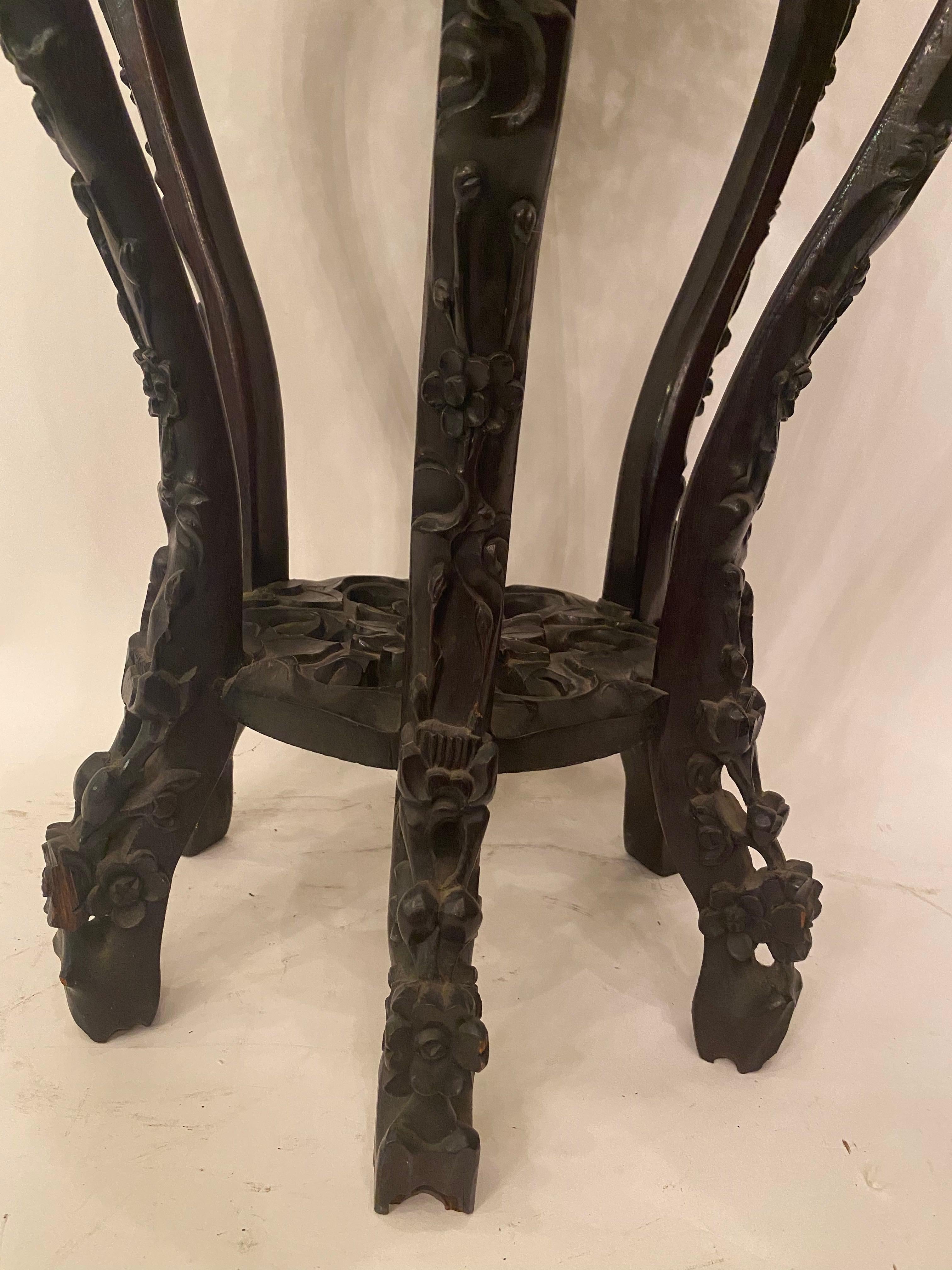 19th Century Pair of Antique Chinese Carved Rosewood Flower Stands Marble-Top Insert For Sale