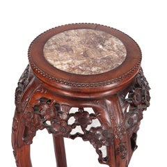 Pair of Antique Chinese Carved Rosewood & Rouge Marble Sculpture Stands C1920