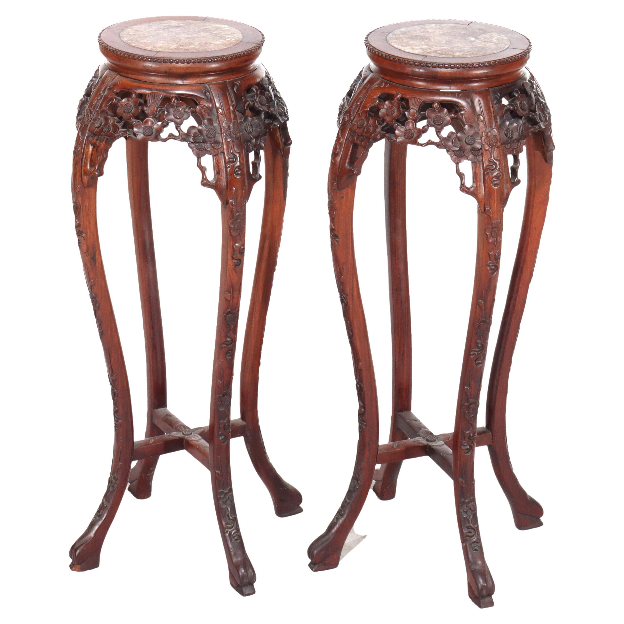 Pair of Antique Chinese Carved Rosewood & Rouge Marble Sculpture Stands C1920