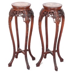 Pair of Antique Chinese Carved Rosewood & Rouge Marble Sculpture Stands C1920