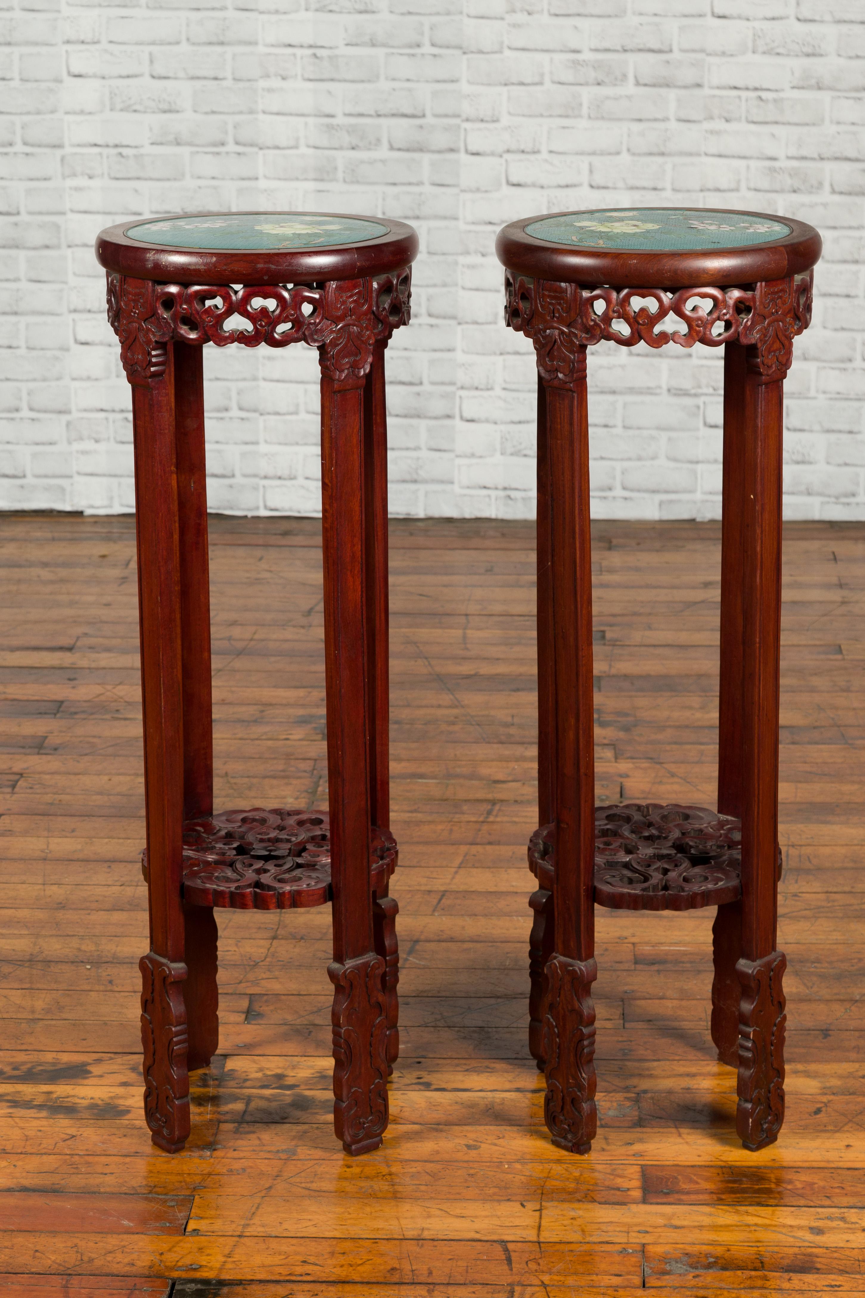 Pair of Antique Chinese Carved Round Stands with Painted Floral and Bird Décor For Sale 6
