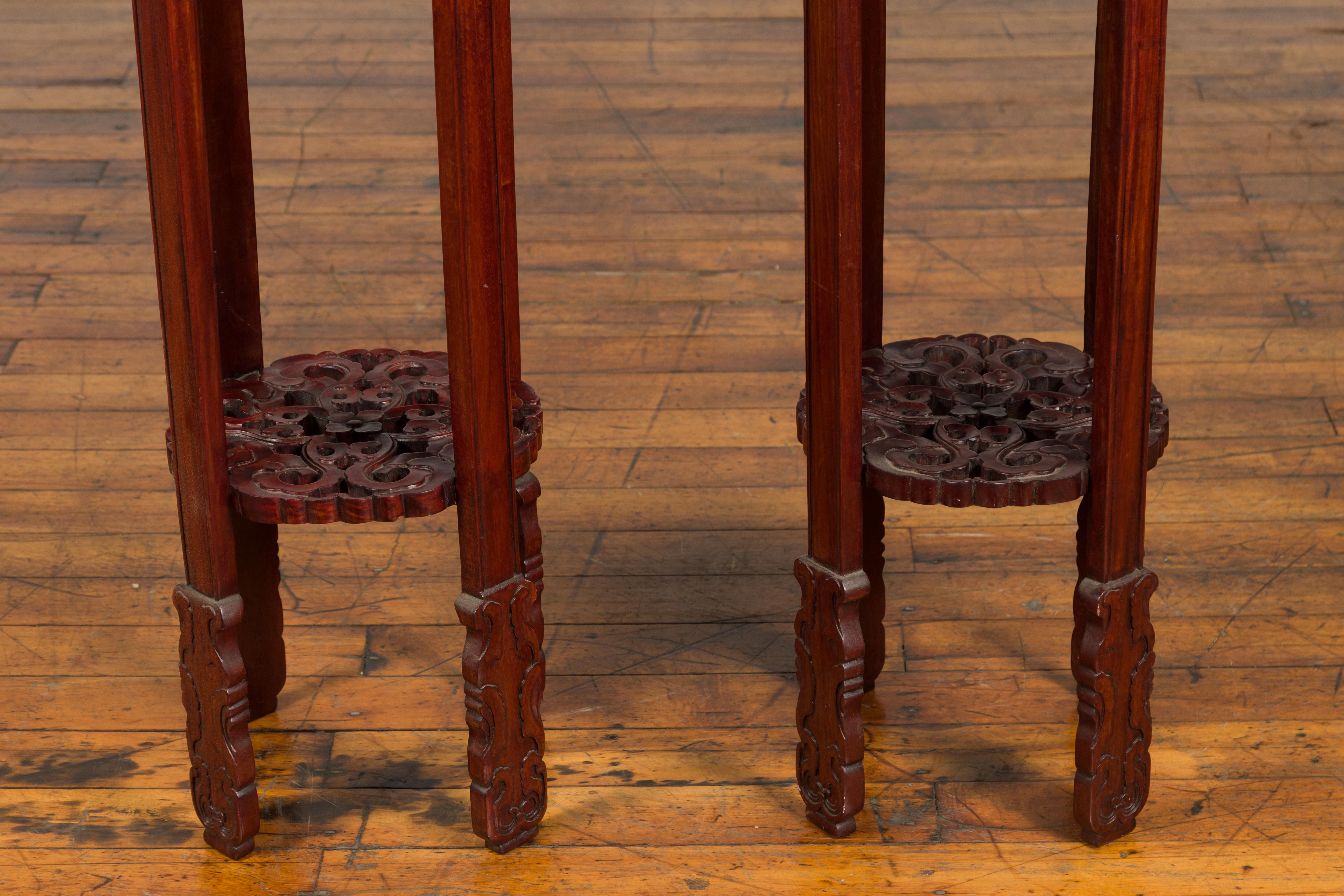 Painted Pair of Late Qing Dynasty Stands with Carved Aprons and Floral Bird Decor For Sale