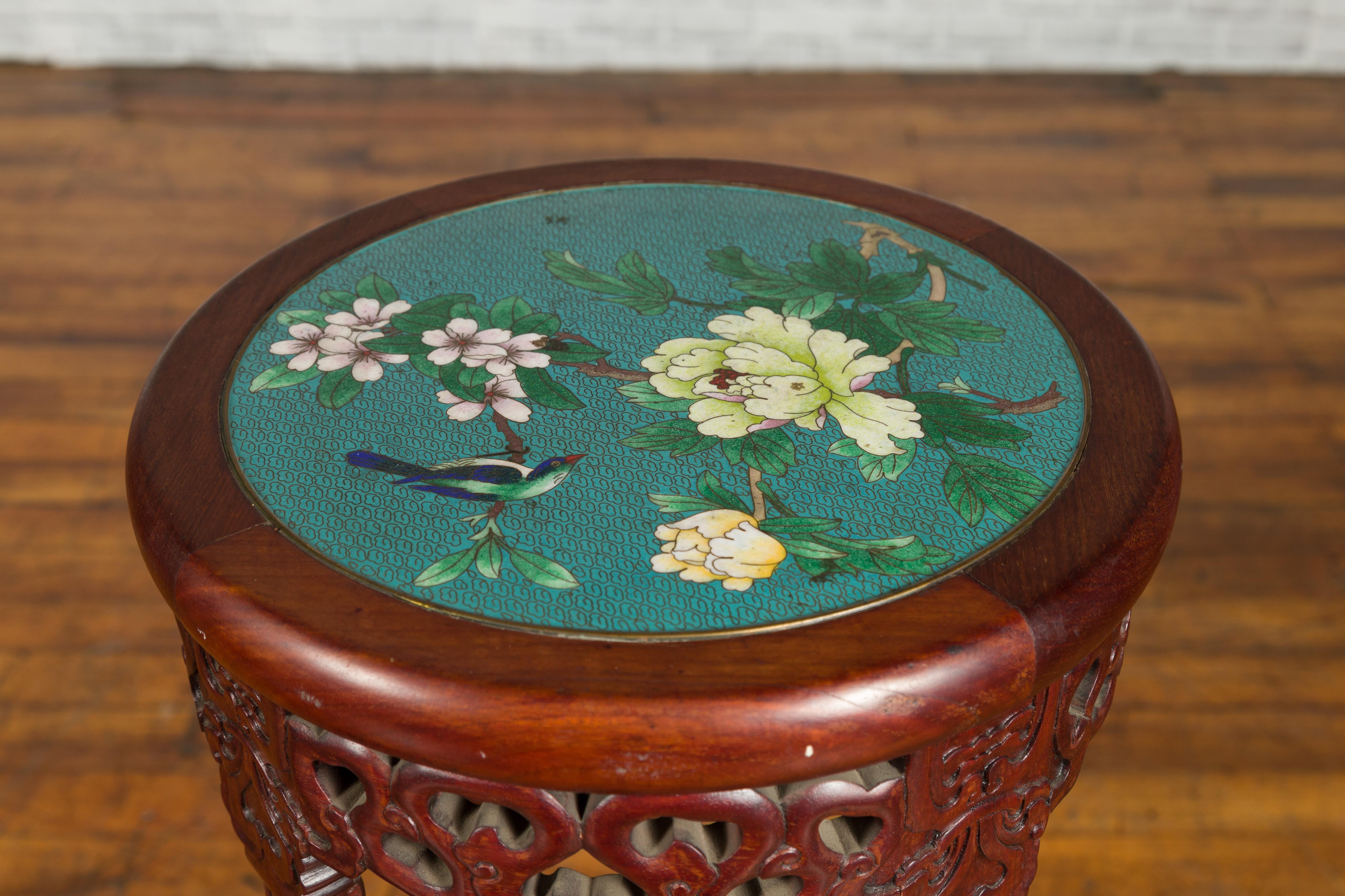 Wood Pair of Antique Chinese Carved Round Stands with Painted Floral and Bird Décor For Sale