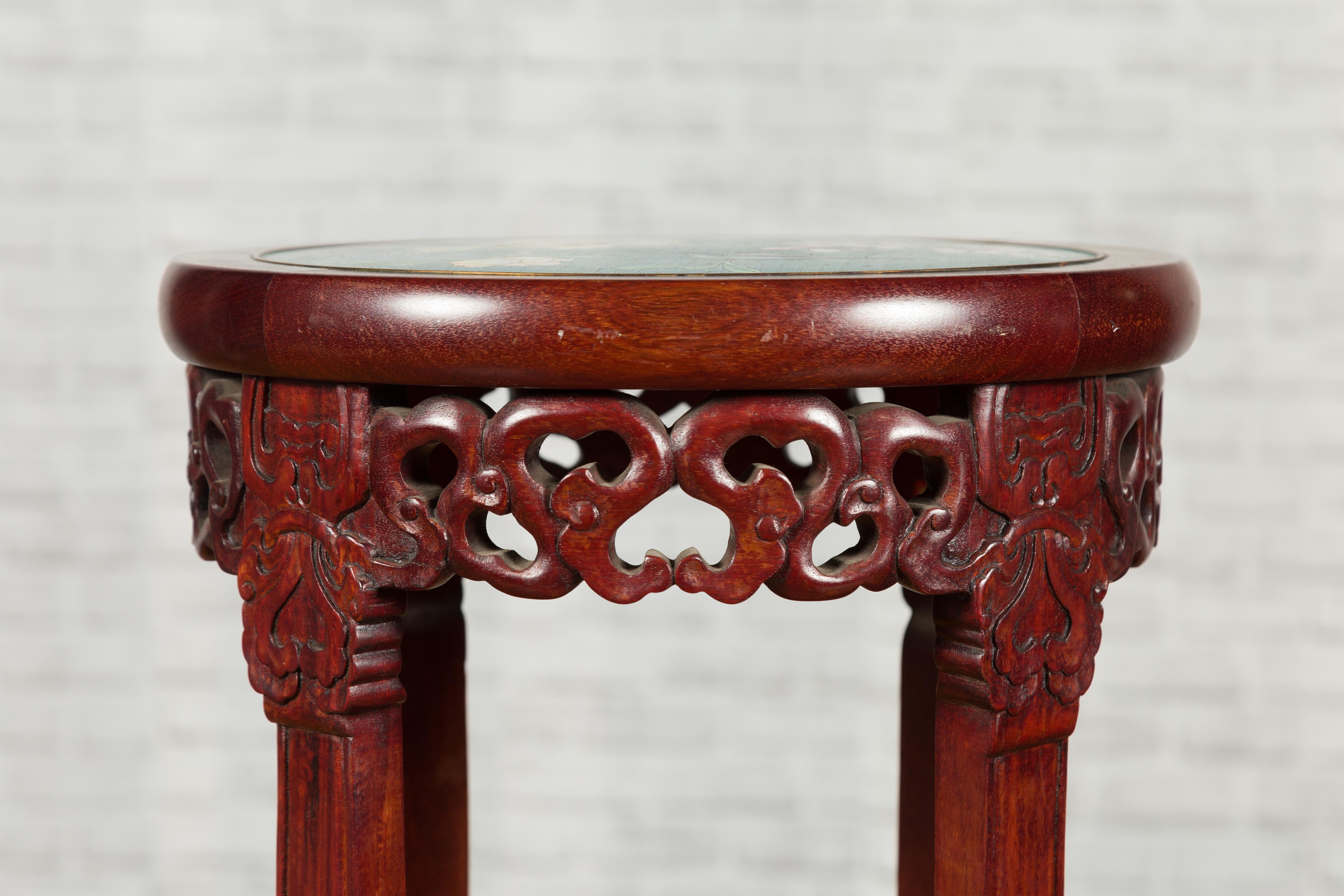 Pair of Antique Chinese Carved Round Stands with Painted Floral and Bird Décor For Sale 1