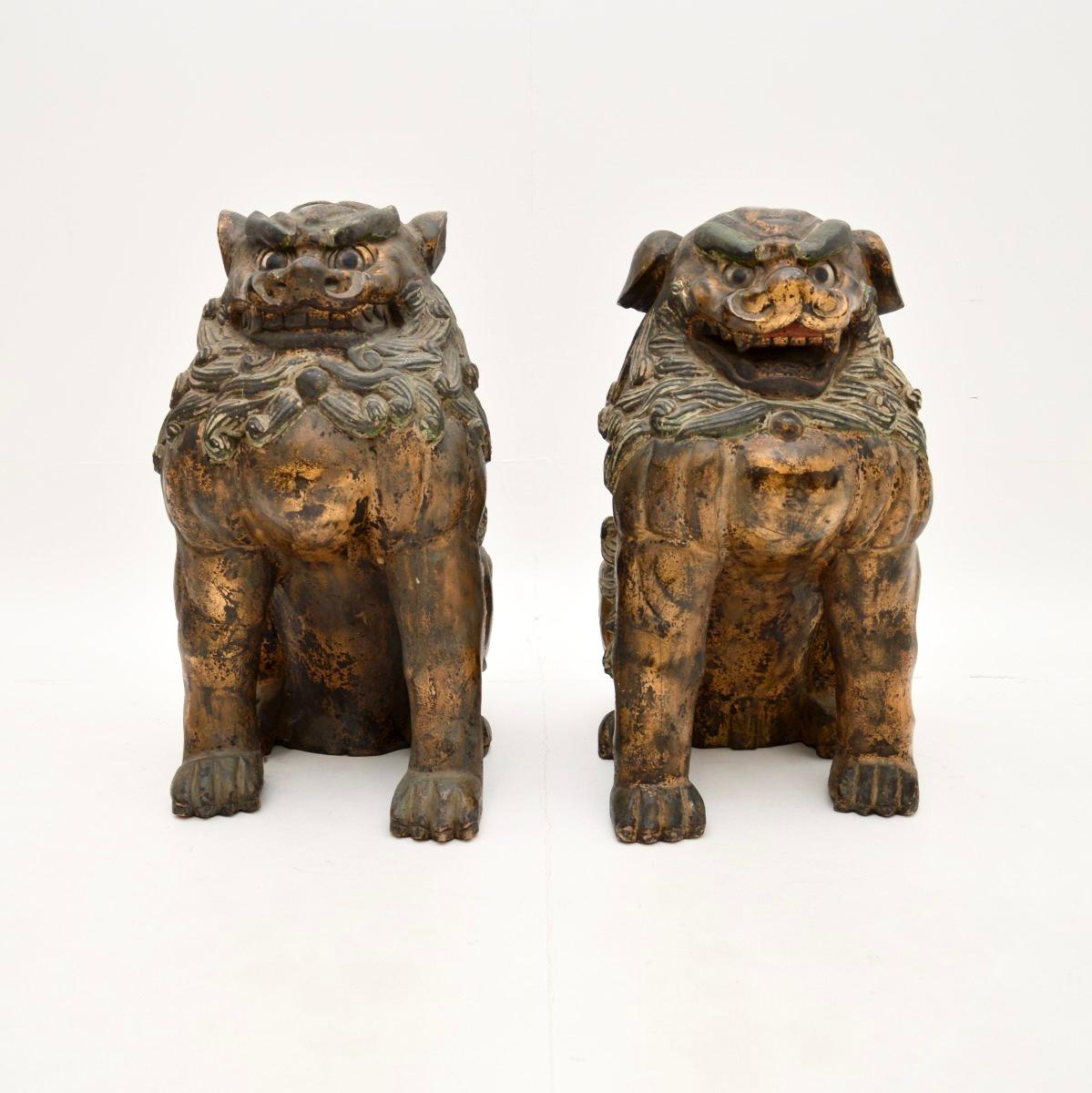 Une grande et extrêmement impressionnante paire d'anciennes statues de chien de foo en bois sculpté chinois. Ils datent du XIXe siècle et sont de véritables antiquités, à ne pas confondre avec les nombreuses versions fabriquées que l'on voit plus
