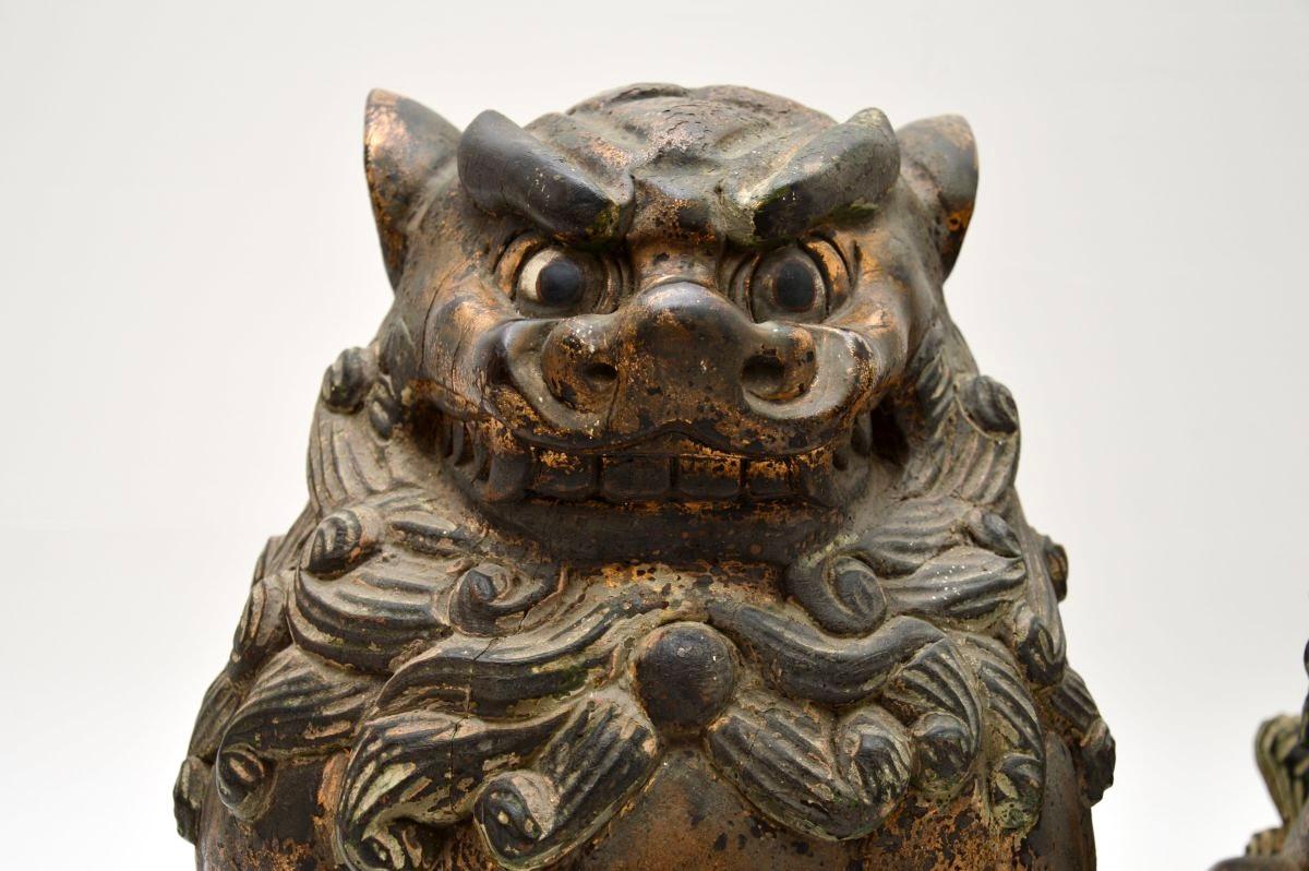 Bois Paire d'anciennes statues de chien en bois sculpté chinoises Wood Wood en vente